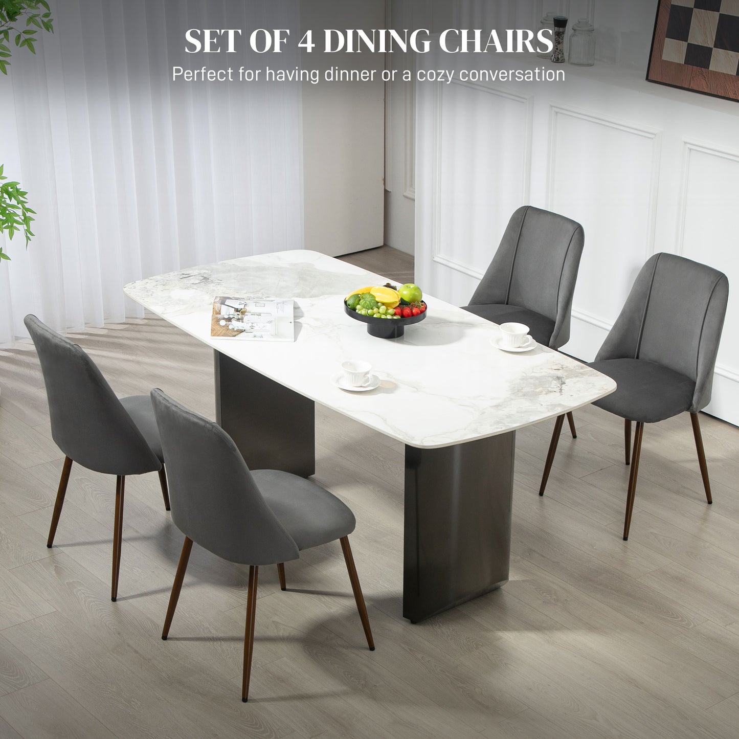 HOMCOM Upholstered Dining Chairs Set of 4, Velvet Accent Chair with Back and Wood-grain Steel Leg for Kitchen, Grey