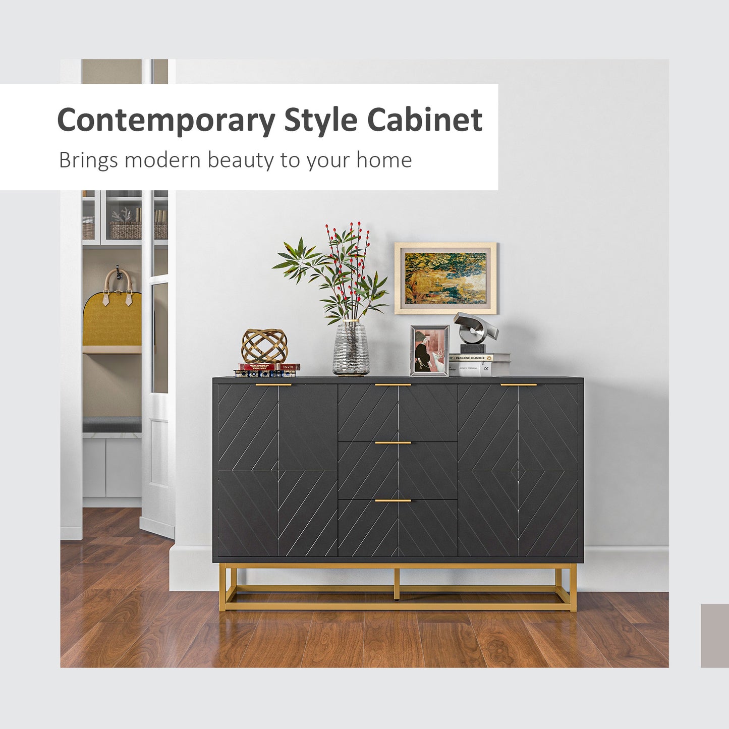 HOMCOM 47" Sideboard Buffet Cabinet with Storage, Contemporary Buffet Cabinet with Adjustable Shelves and Metal Legs, Kitchen Storage Cabinet with Elevated Base, White