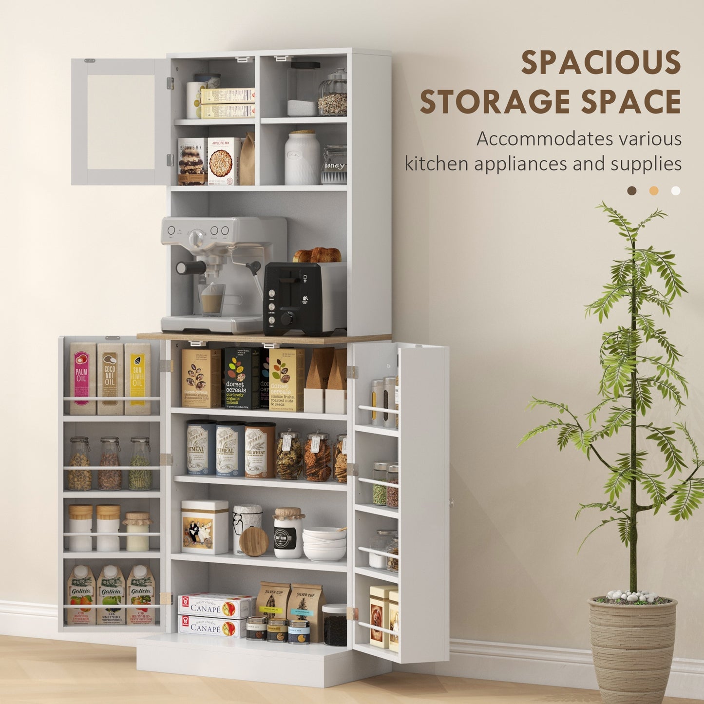 HOMCOM 66.5" Tall Kitchen Pantry Cabinet, Kitchen Hutch, Microwave Cabinet with Adjustable Shelves for Dining Room, White