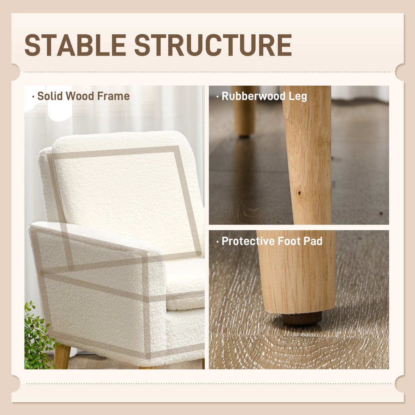HOMCOM Fabric Accent Chair, Modern Upholstered Armchair with Wood Legs and Wide Padded Seat, Cream White