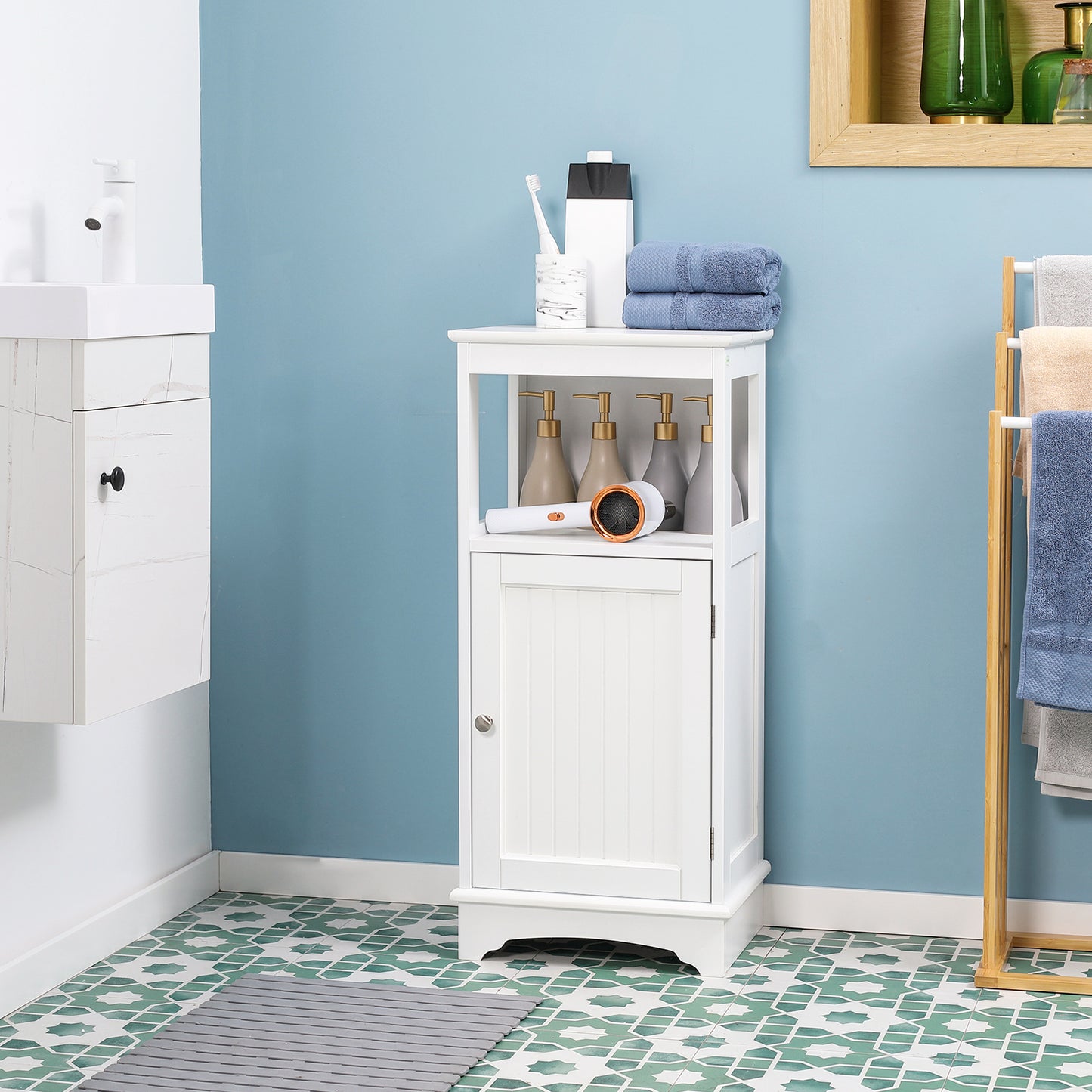 kleankin Modern Bathroom Floor Cabinet with Open Shelf, Freestanding Storage Organizer Unit with Single Door for Home Office, Living Room, White