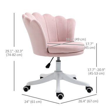 HOMCOM Adjustable Height Study Chair, Mid Back Velvet Office Chair with Swivel Wheels for Living Room, Study, Pink