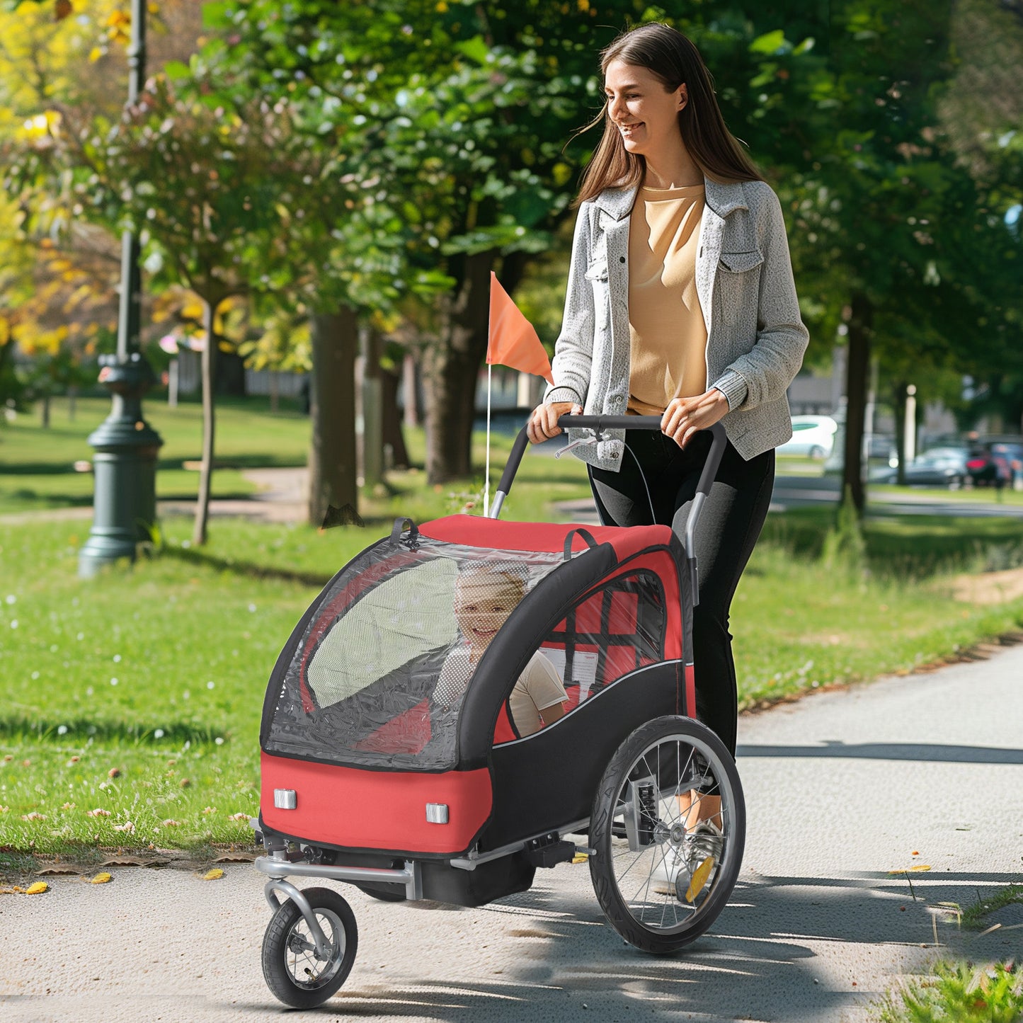 Aosom 2-in-1 Bike Trailer for Kids, Foldable 2-Seat Baby Stroller with 5-Point Harness, Rubber Wheels, Storage Bag, Black