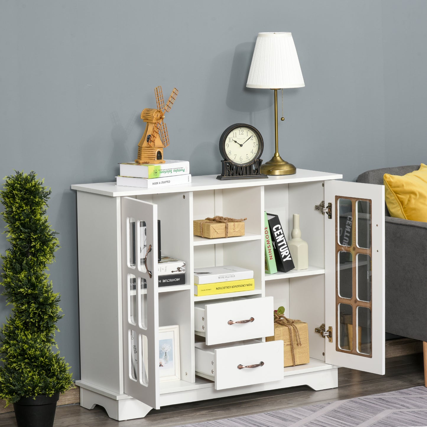 HOMCOM Modern Kitchen Sideboard with 2 Drawers, Coffee Bar Cabinet with Glass Doors Storage Cupboard and Open Shelf, White