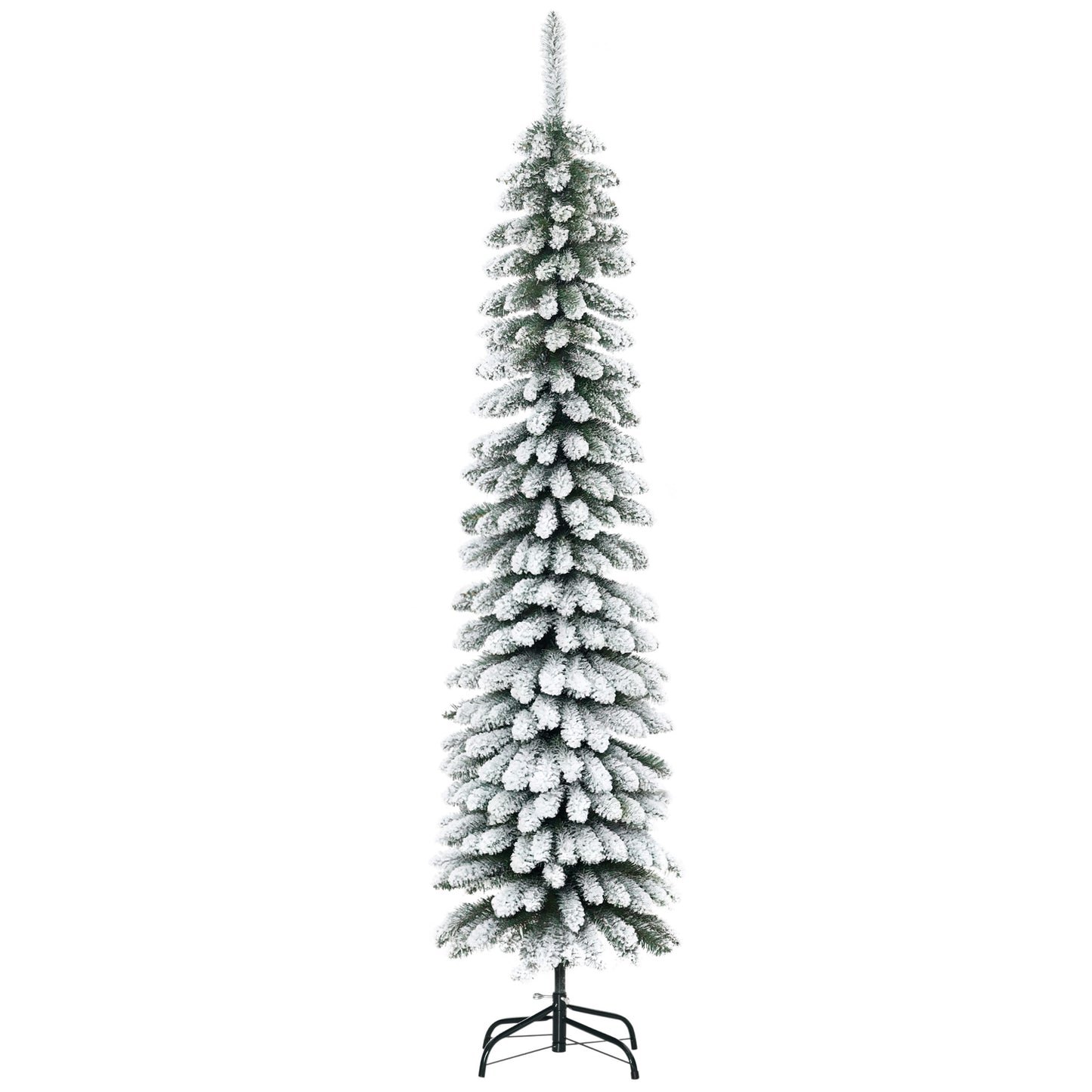 HOMCOM 6 Ft Snow-Flocked Artificial Christmas Tree, Slim Pencil Xmas Tree with Realistic Branches, Metal Base, Green