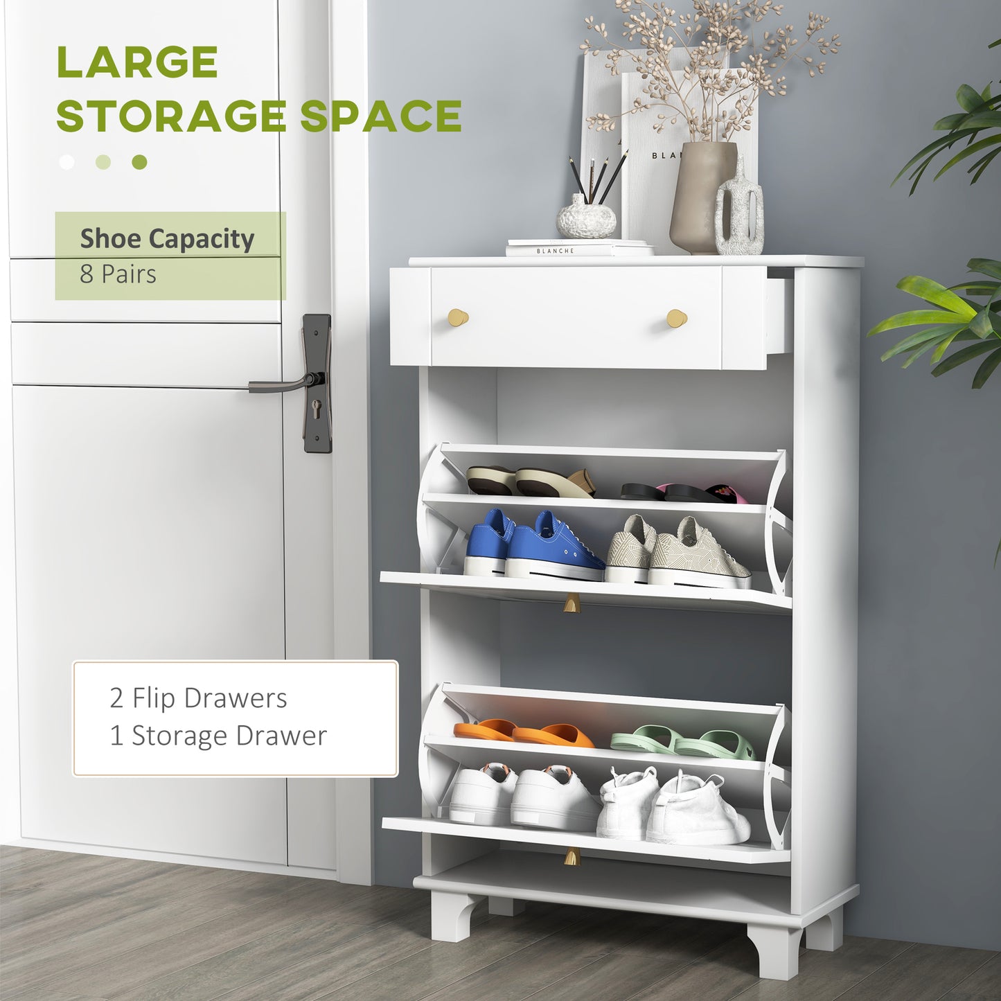 HOMCOM Slim Shoe Storage with 2 Flip Drawers and Adjustable Shelves Shoe Cabinet Organizer for 8 Pair, White