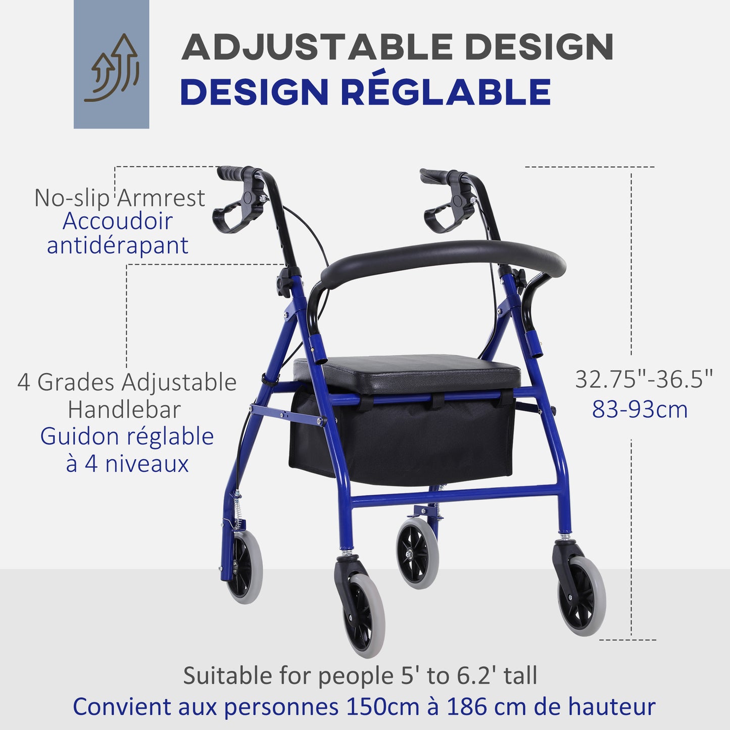 HOMCOM Folding Aluminum Rollator Walker with Adjustable Handle Height, Cushioned Flip Up Seat and Convenient Storage Bag, Rolling Wheels with 2 Barker, Blue