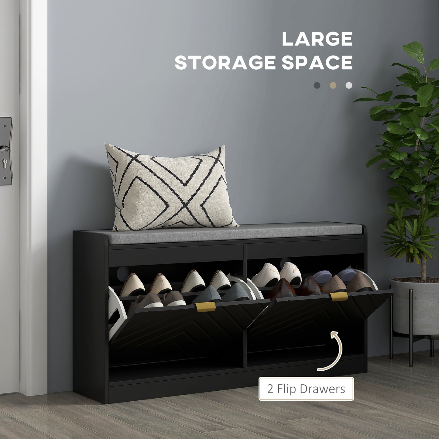 HOMCOM Shoe Storage with Seat, Upholstered Hallway Bench, Shoe Bench with 2 Flip Drawers and 4 Vents for 8 Pairs of Shoes