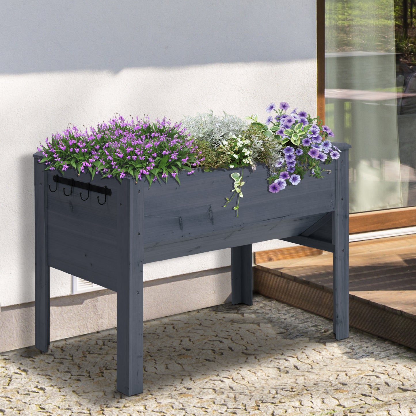 Outsunny Wooden Raised Garden Plant Stand Outdoor Tall Flower Bed Box with Hooks, 48" x 24" x 32", Nature Wood