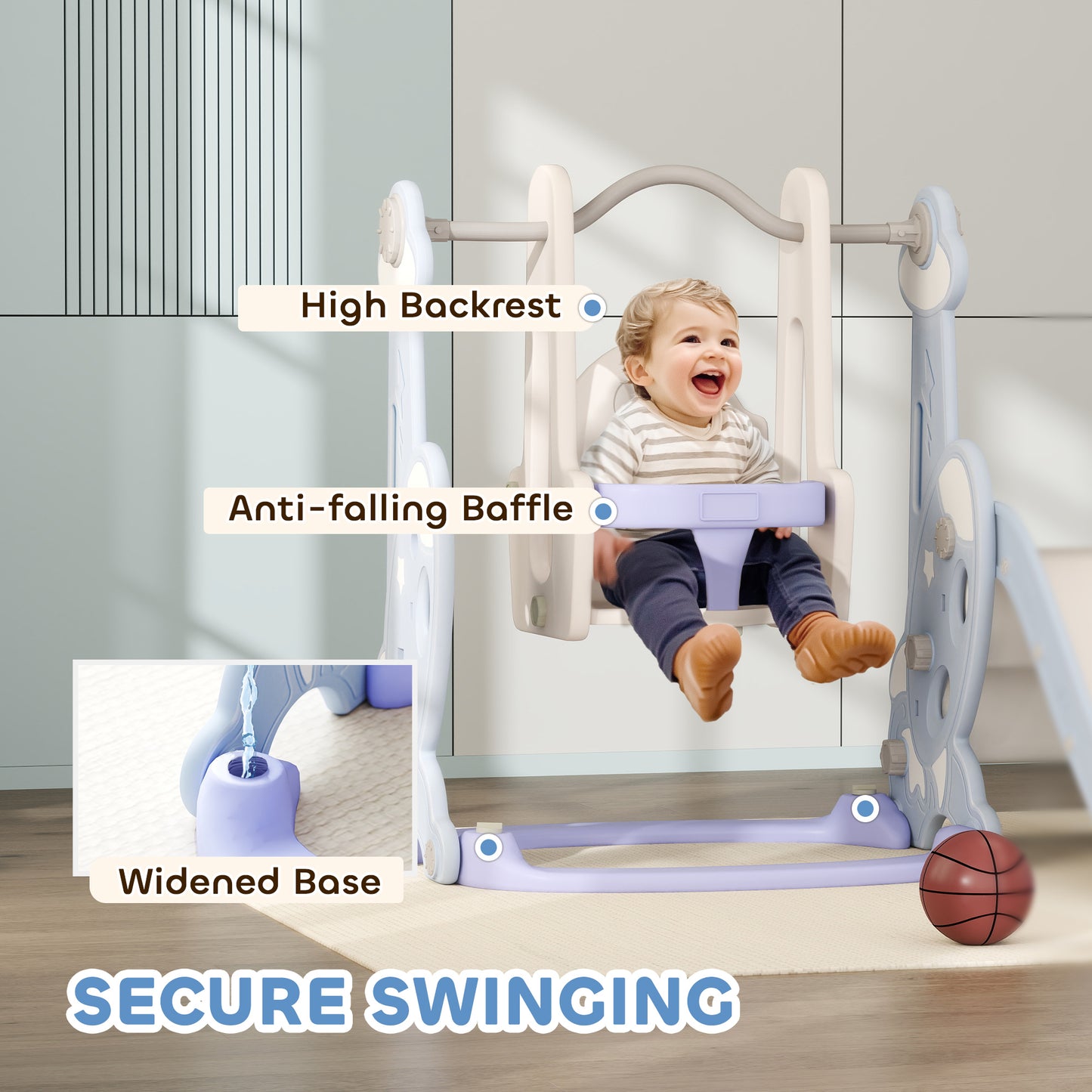 Qaba 8 in 1 Slide and Swing Set, Baby Swing Set with Basketball Hoop, Climber, Steering Wheel, for Aged 1-3 Years, Yellow