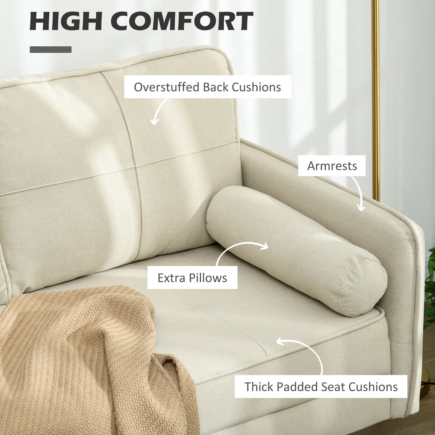 HOMCOM 56" Loveseat Sofa for Bedroom Upholstered 2 Seater Couch with Back Cushions and Pillows, Blue
