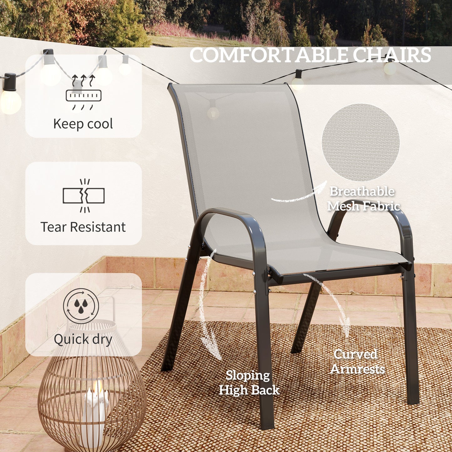 Outsunny 3 Pieces Bistro Set, Small Patio Furniture Set with Stackable Mesh Chairs, Glass Table for Garden, Balcony, Black