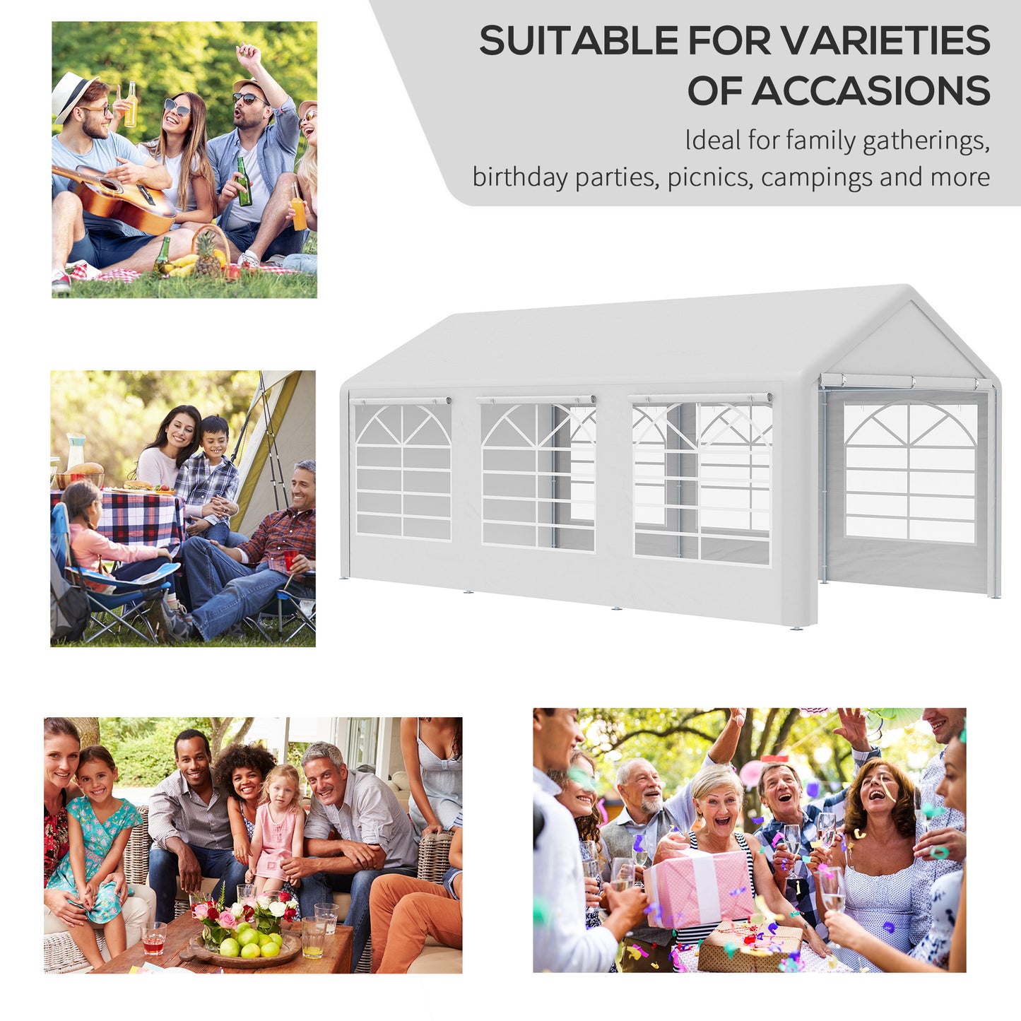 Outsunny 20’ x 10’ Heavy Duty Party Tent Outdoor Carport Canopy Shelter Gazobo with Sidewall, Zipper Door and Windows, White