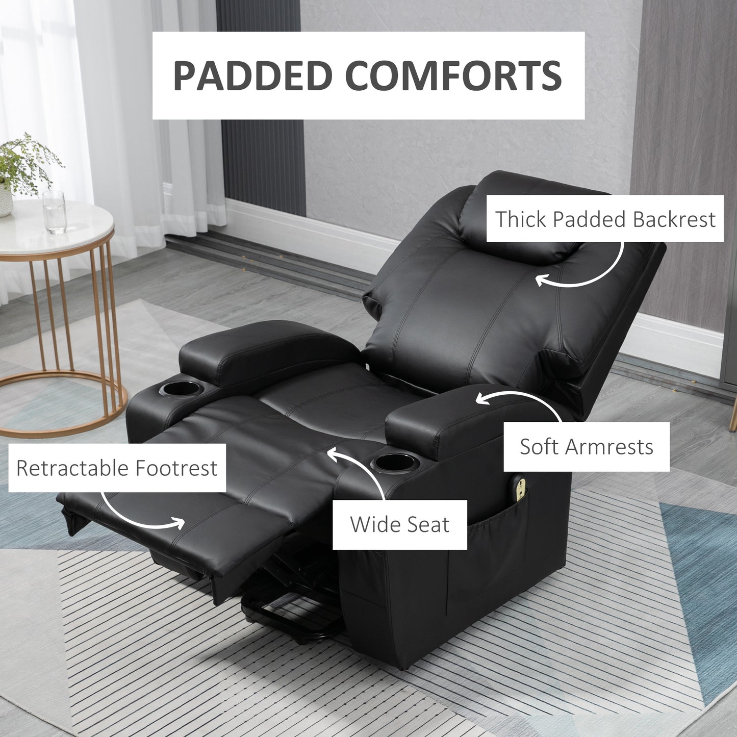 HOMCOM Power Lift Recliner Chair for Elderly, PU Leather Lift Chair with Footrest, Remote Control, Side Pockets and Cup Holders, Reclining Sofa for Living Room, Black