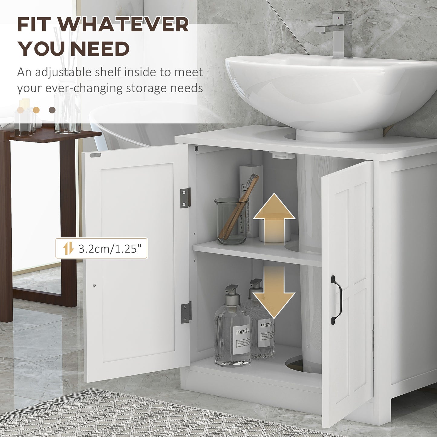 kleankin Pedestal Under Sink Cabinet, Bathroom Vanity Cabinet Storage with Double Doors and Adjustable Shelf, White