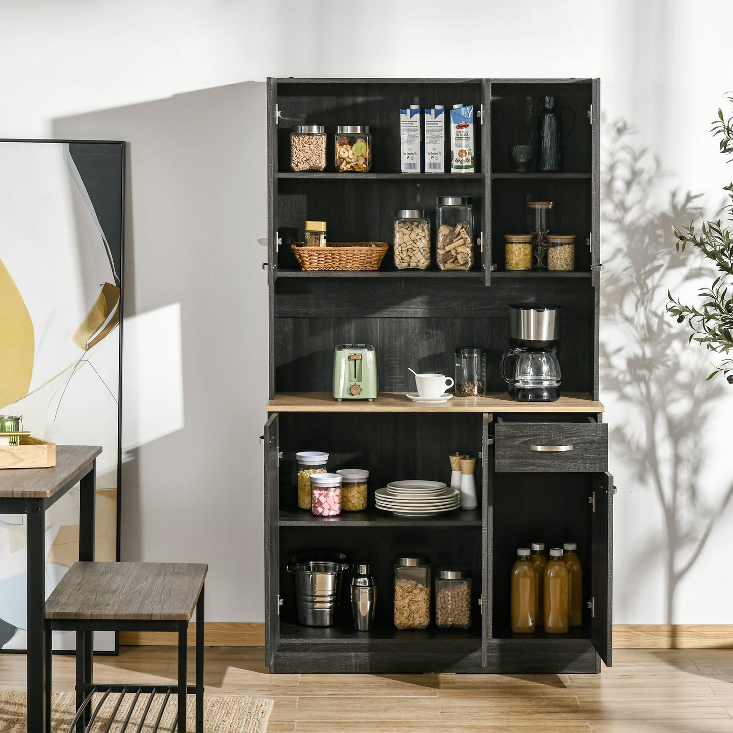 HOMCOM 71" Modern Buffet with Hutch, Standing Kitchen Hutch with Storage Cabinets, Drawer, Open Space with Microwave Stand, White