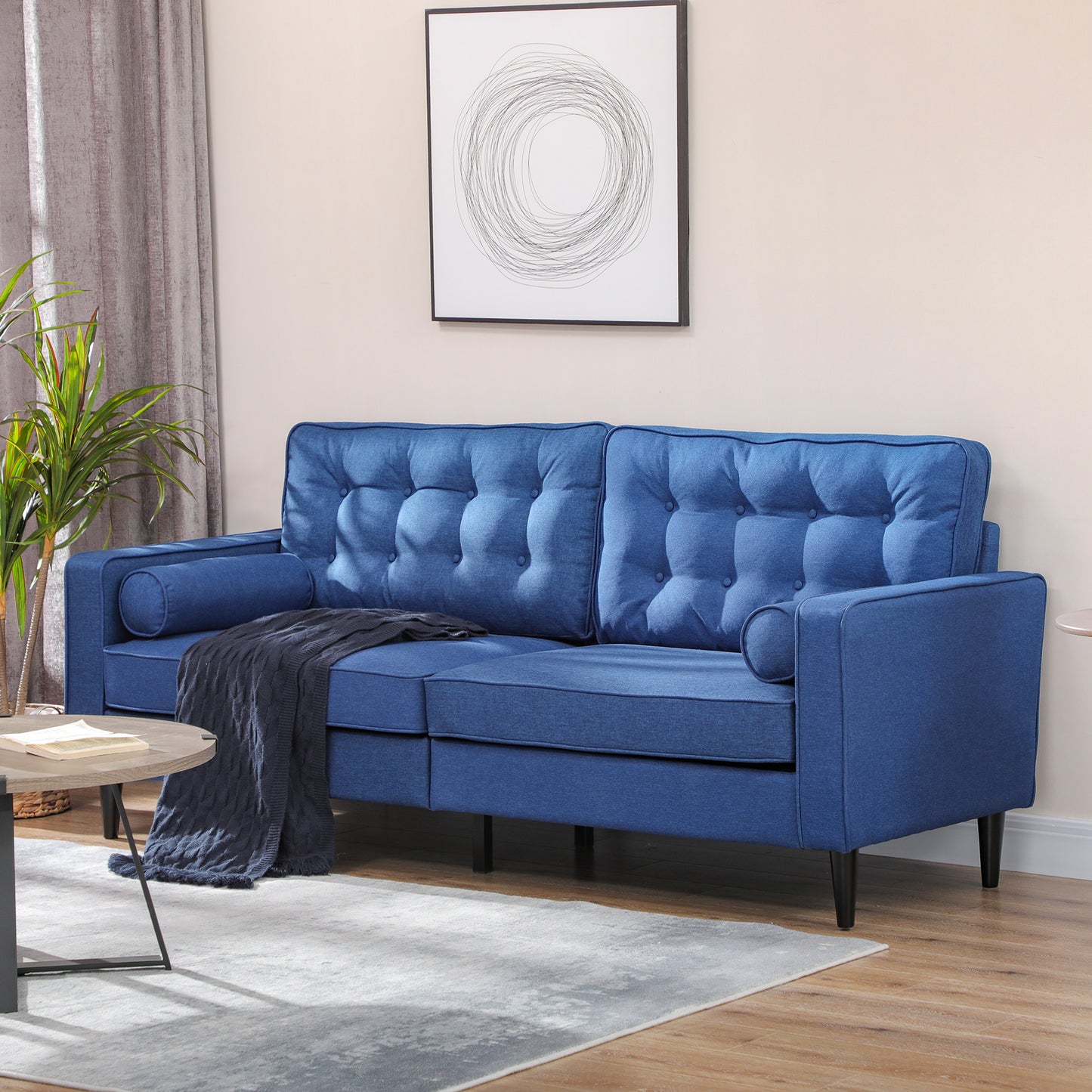 HOMCOM Mid-Century Sofa, Couch with Button-Tufted Back Cushion, Velvet Feel Fabric Upholstery, 2 Cylindrical Pillows and Rubber Wood Legs for Living Room, Dark Blue