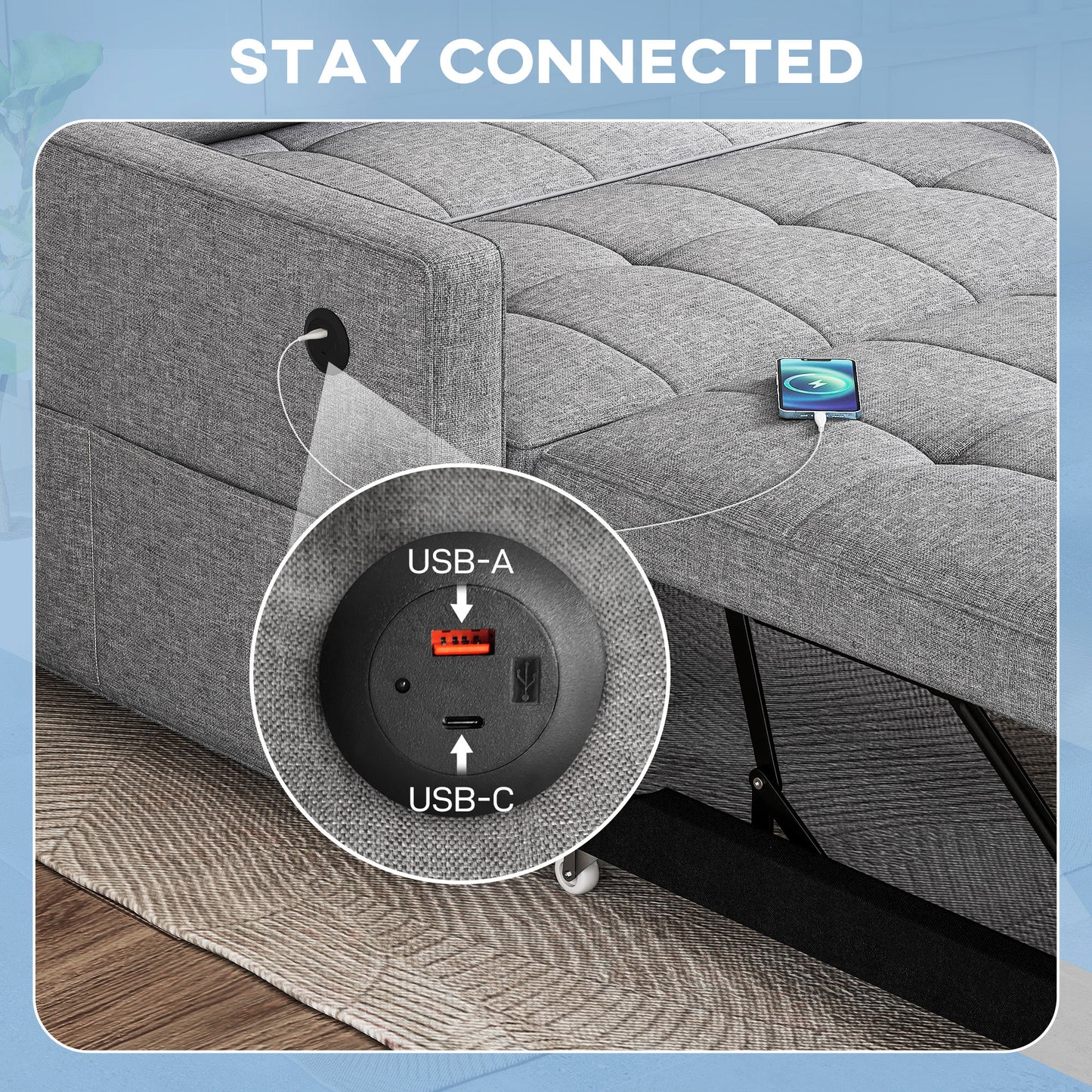 HOMCOM Pull Out Sofa Bed, Sleeper Sofa Couch with USB‑A+C, Small Linen Loveseat Futon Couch for Living Room, Grey
