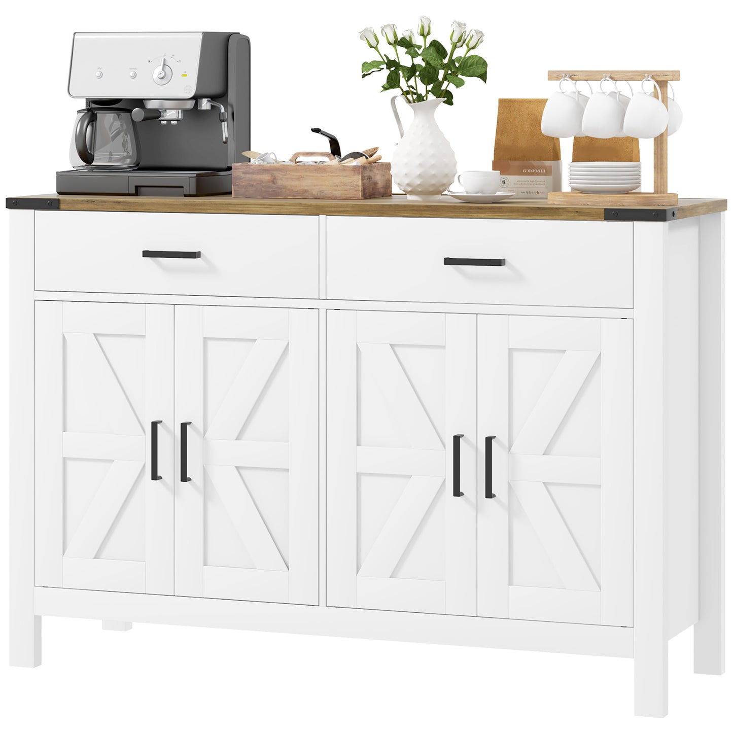HOMCOM Farmhouse Buffet Cabinet Sideboard with 1 Drawer, 1 Storage Cabinet and Adjustable Shelf, White