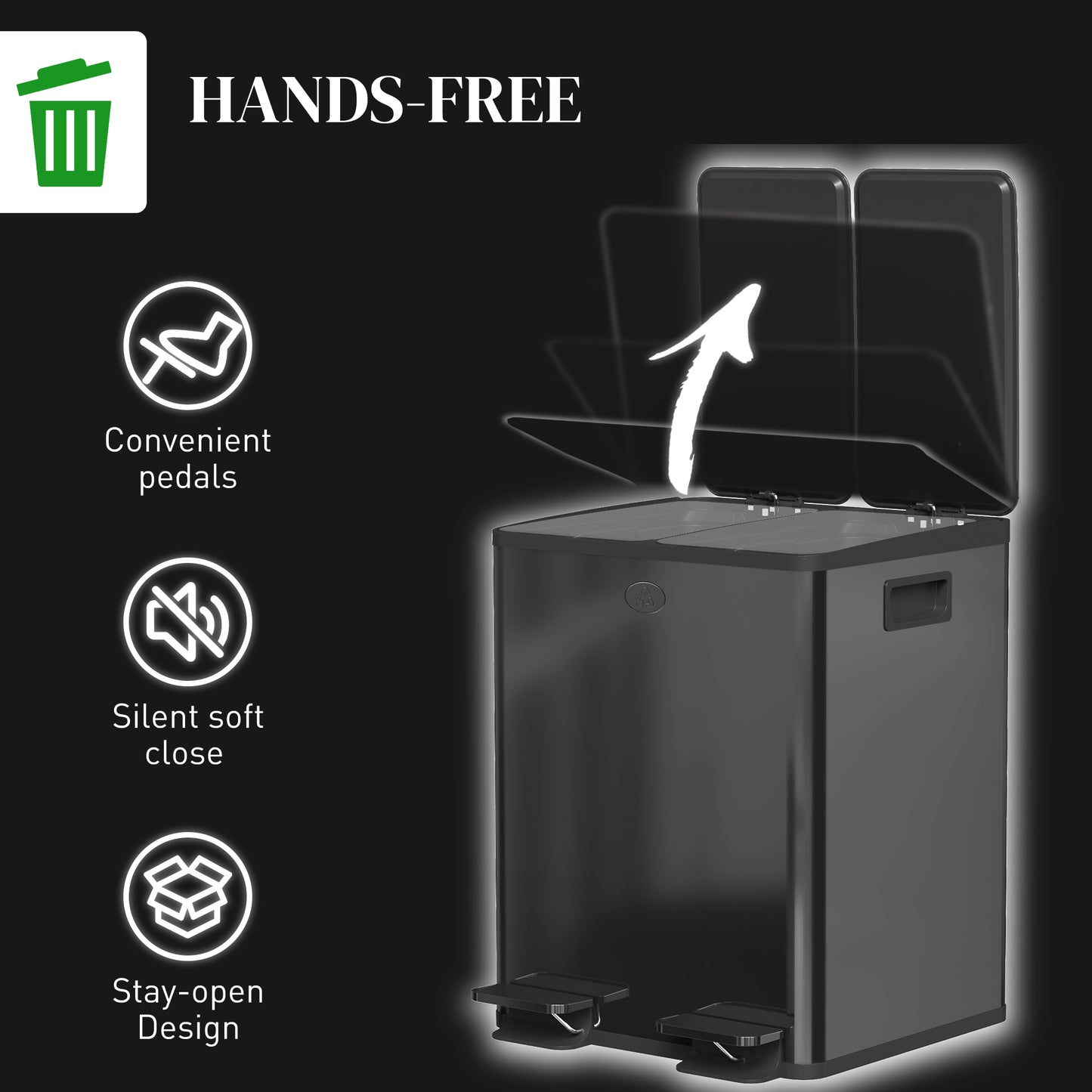 HOMCOM Dual Garbage Bin, Soft-Close Trash Can with Foot Pedal, 2 x 20 Liter Garbage Can with Removable Inner Buckets, Black