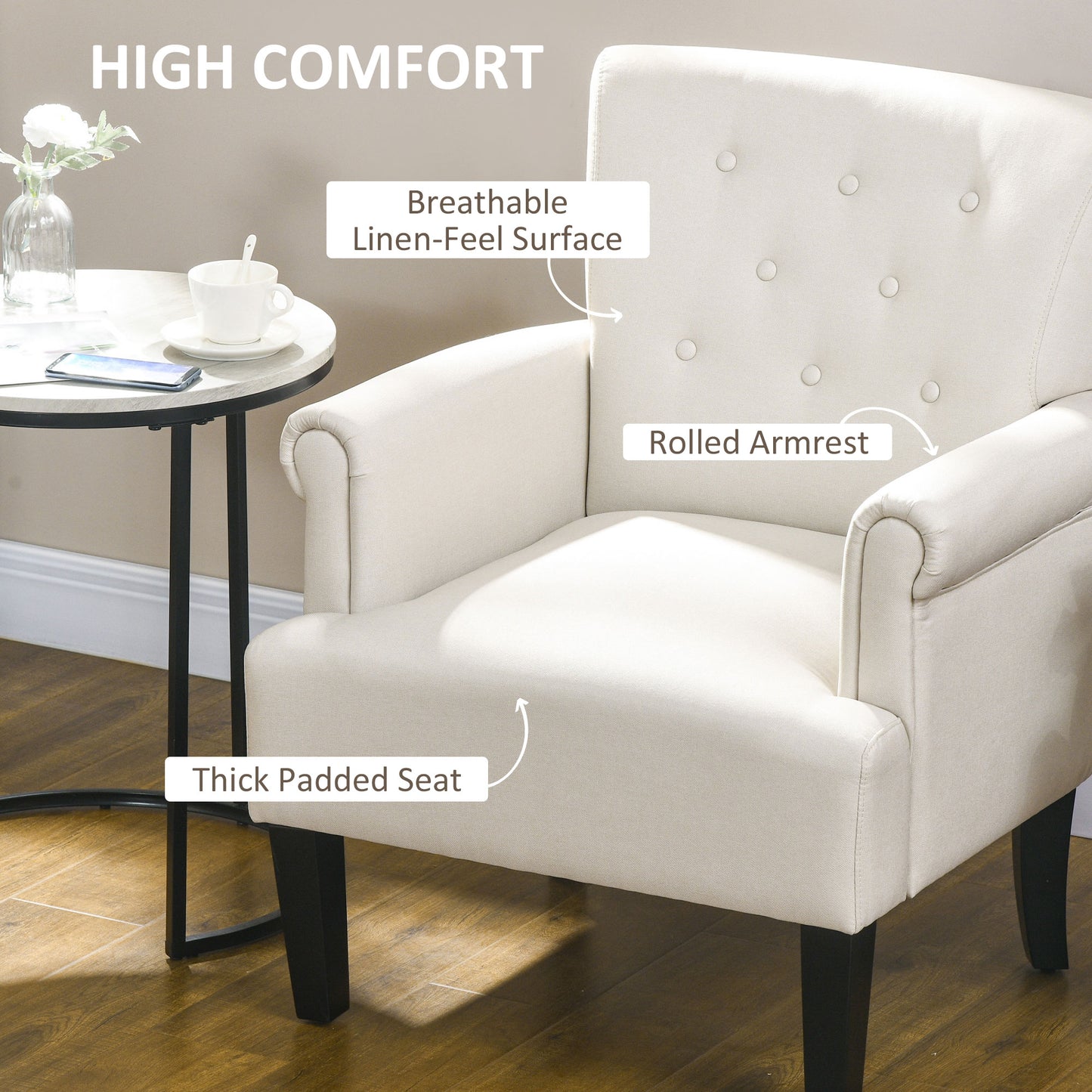 HOMCOM Armchair, Fabric Accent Chair, Modern Living Room Chair with Wood Legs and Rolled Arms for Bedroom, Grey