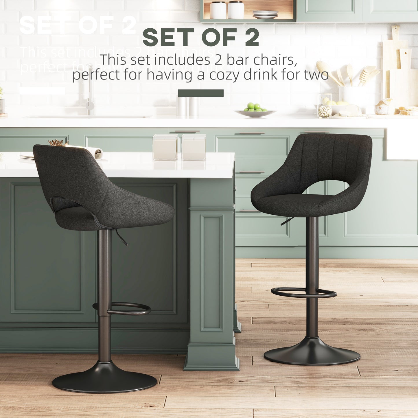 HOMCOM Bar Stools Set of 2, Swivel Counter Height Barstools with Adjustable Height, Linen Upholstered Bar Chairs with Round Metal Base and Footrest, Blue