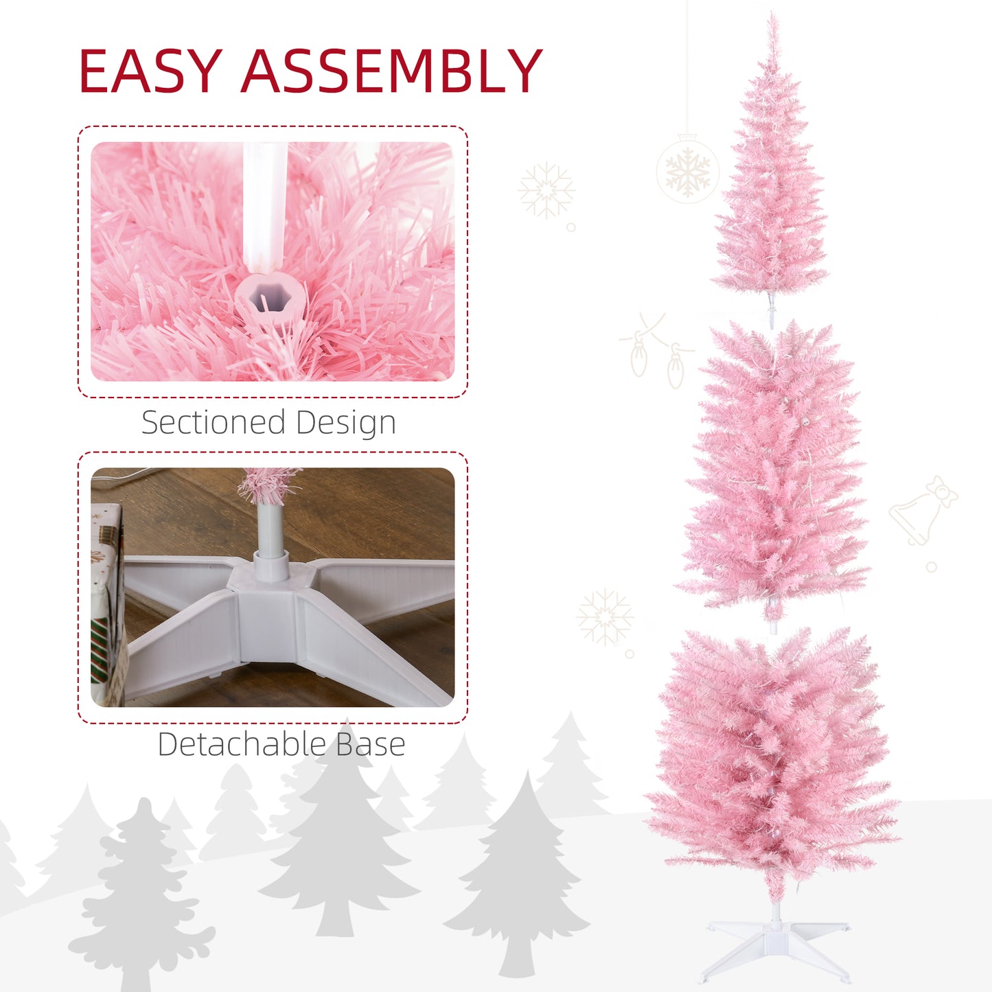 HOMCOM 7' Pre Lit Artificial Pencil Christmas Trees, Xmas Tree with Realistic Branches and Warm White LED Lights, Pink