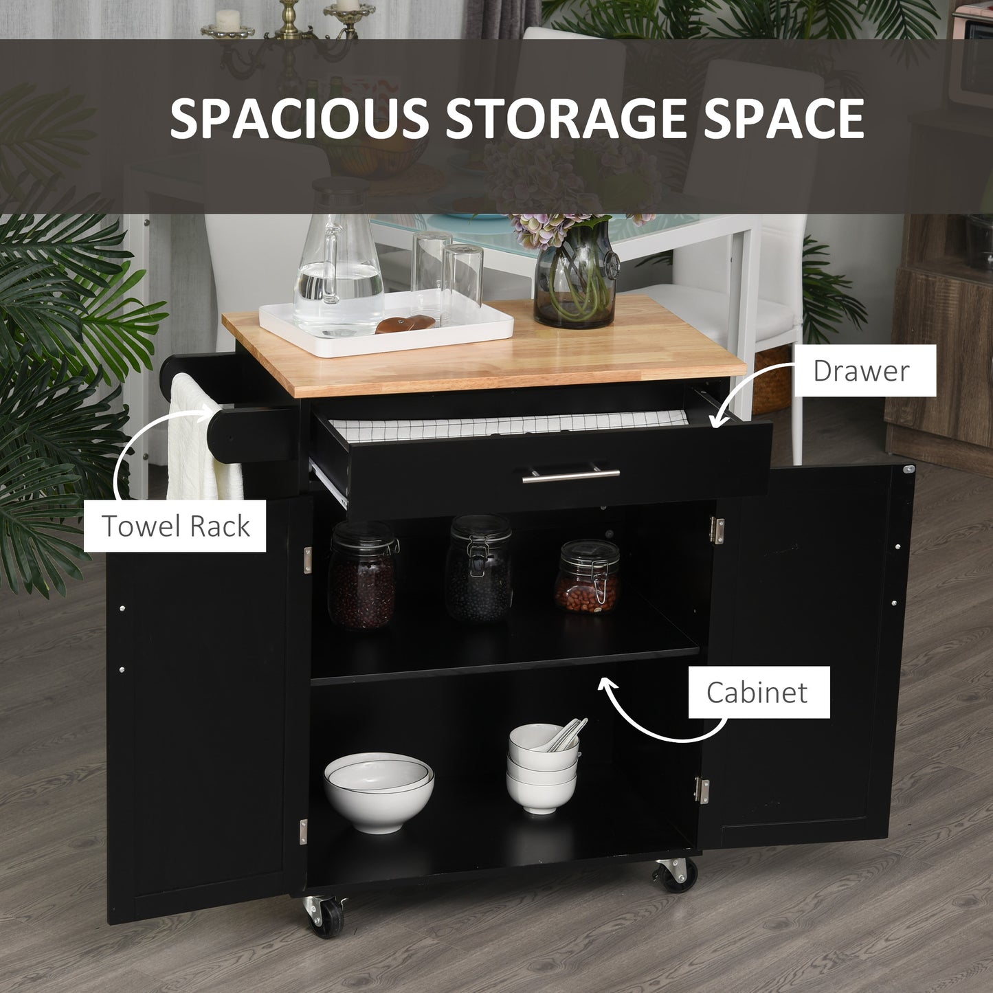 HOMCOM Rolling Kitchen Island Cart with Wood Top, Enough Storage Drawer Space with Towel Bar Rack Shelves, Portable Kitchen Utility Serving Cart Trolley on Wheels, Black