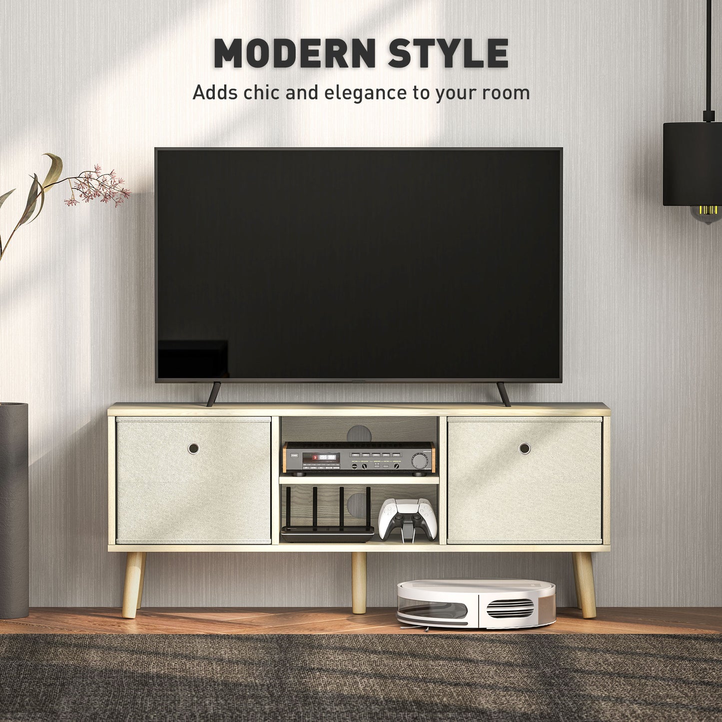 HOMCOM Modern TV Stand Cabinet with Foldable Drawers and Shelves for Living Room, Bedroom, White