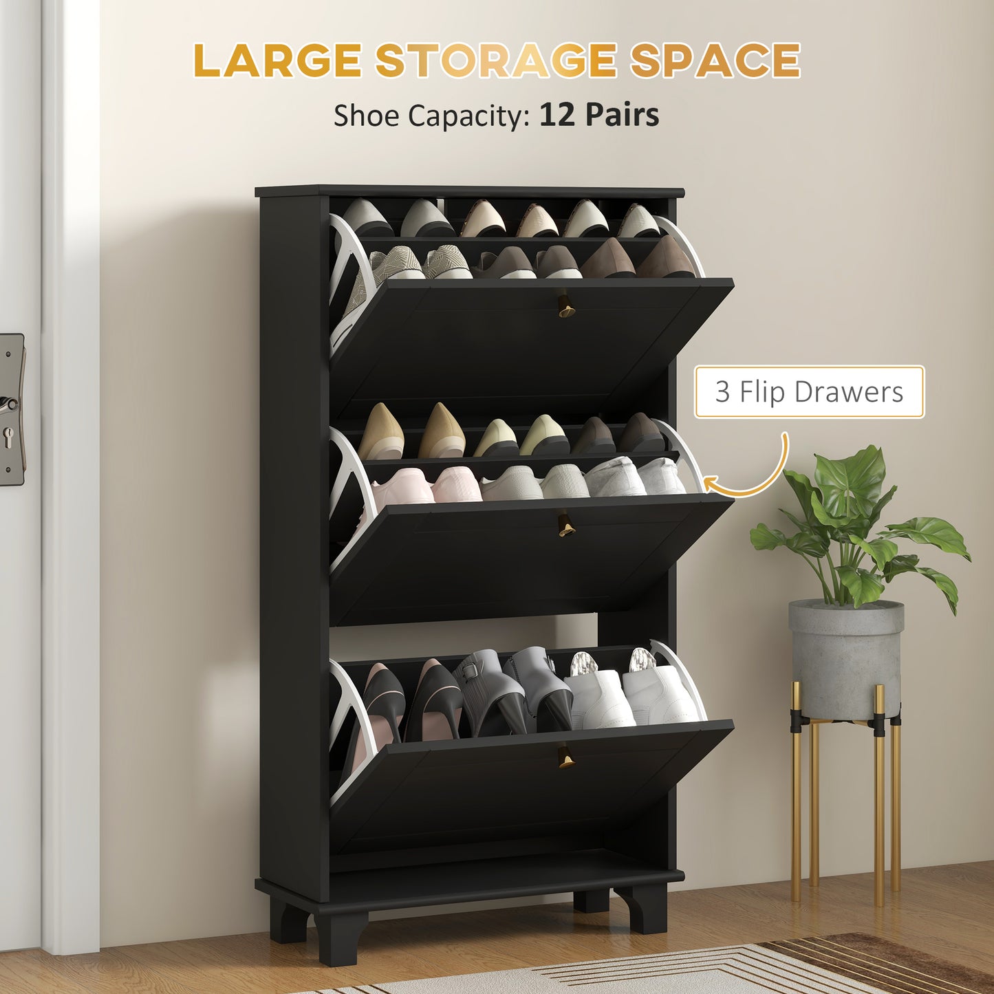 HOMCOM Narrow Shoe Storage with 3 Flip Drawers and Adjustable Shelves, Shoe Cabinet Organizer for 12 Pairs of Shoes, White