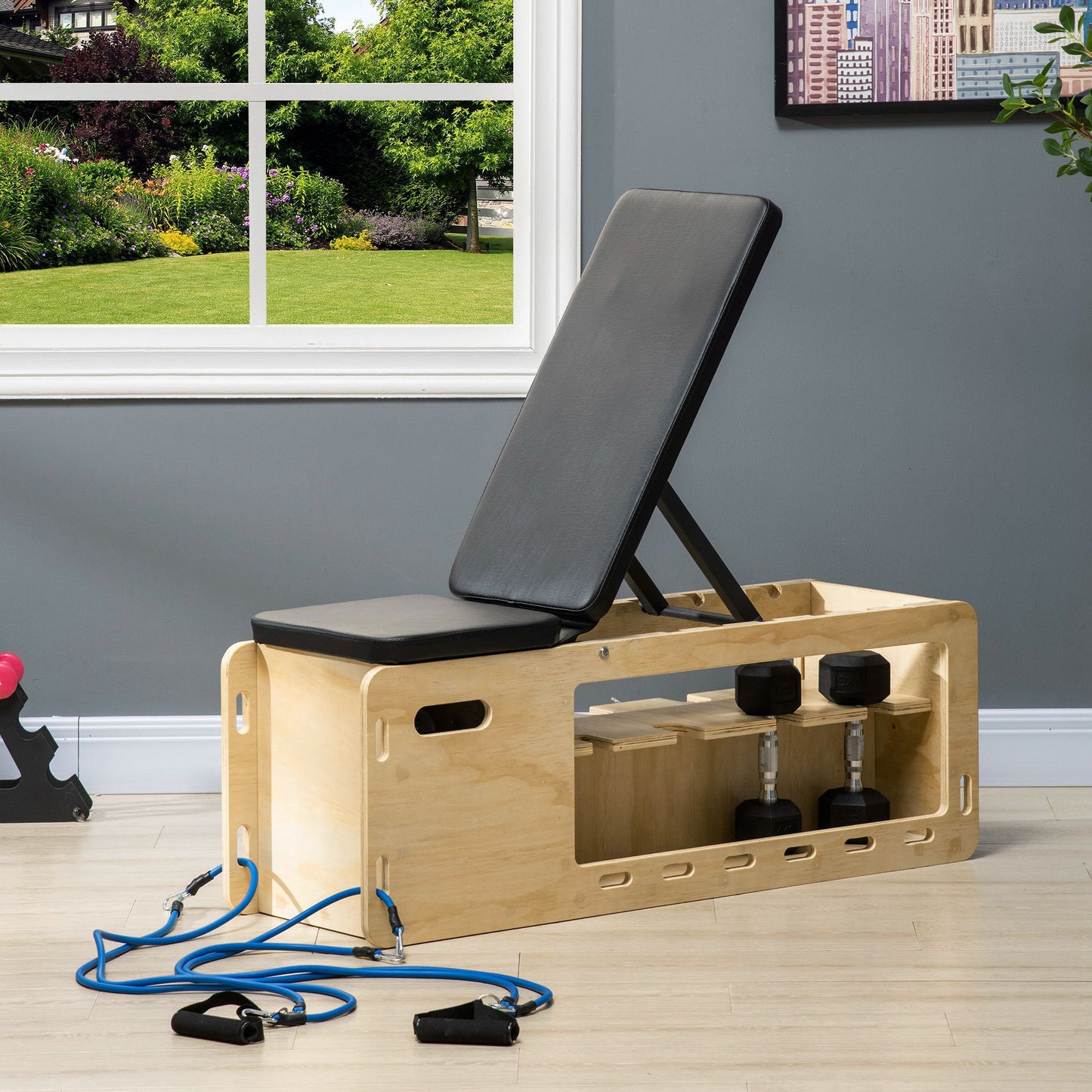 Soozier Wooden Workout Bench with Dumbbell Rack and Resistance Bands, Adjustable Incline Weight Bench for Home Gym