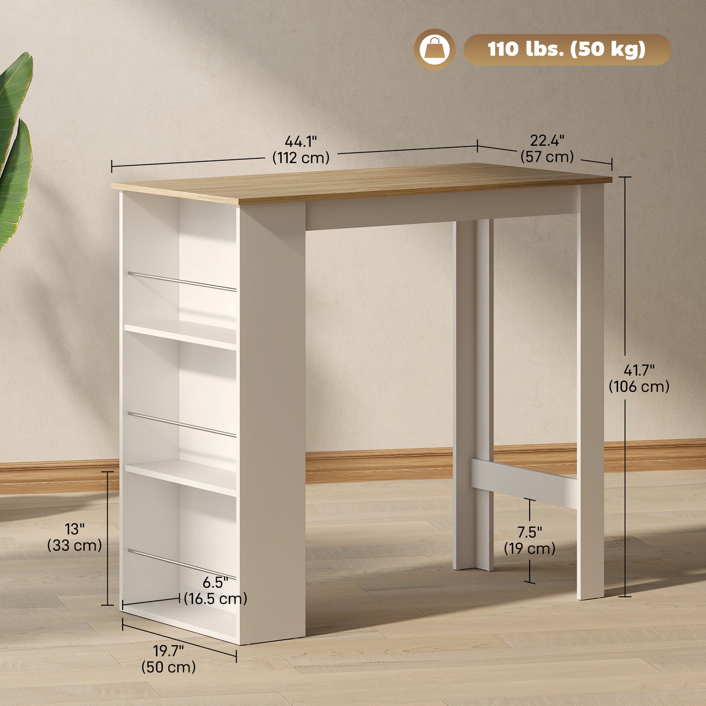 HOMCOM Modern Bar Table, Bar Height Dining Table with 3 Storage Shelves for Kitchen, Dining Room, Living Room, White