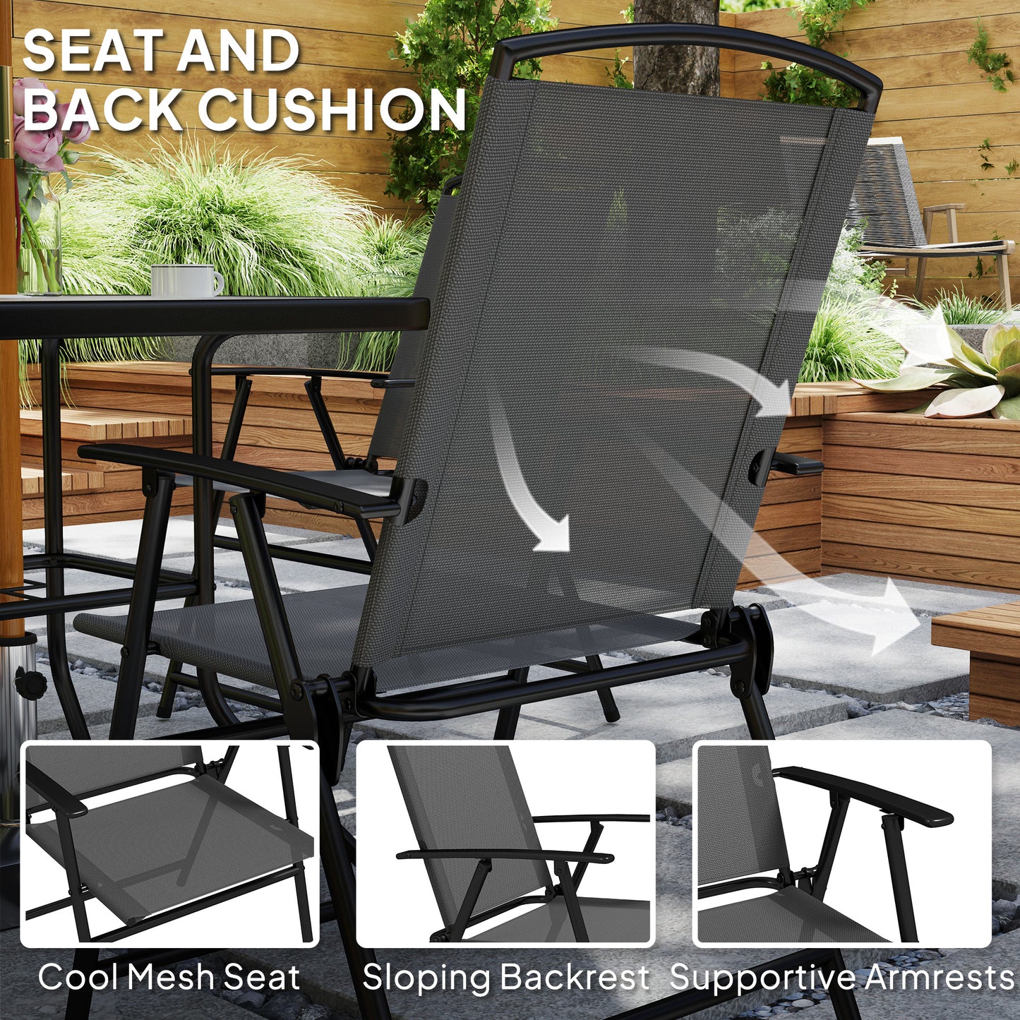 Outsunny 5 Pieces Outdoor Patio Dining Set with Glass Top Table and 4 Mesh Folding Chairs, Small Outdoor Patio Furniture, Grey