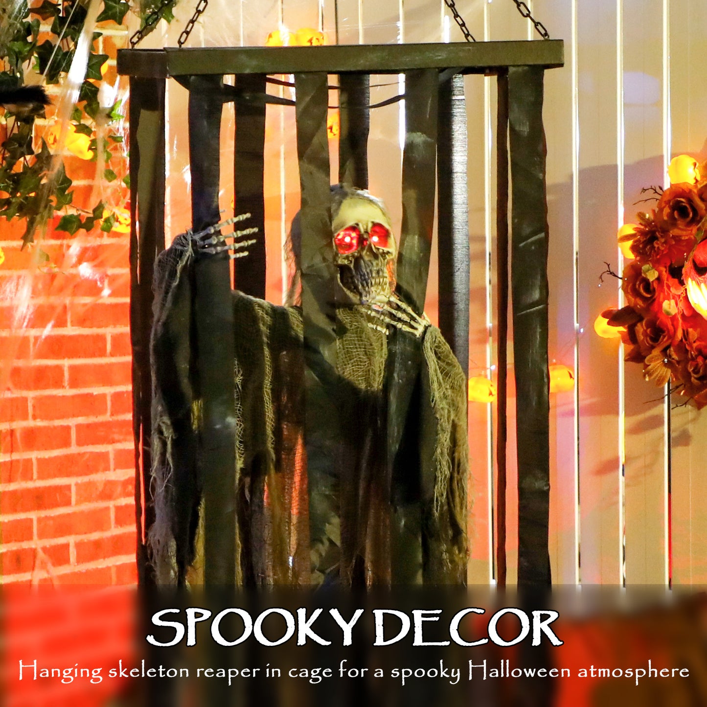 Outsunny Animatronics Hanging Skeleton Reaper in Cage, Voice-Activated Prop with Flashing Eyes, Easy Setup Indoor