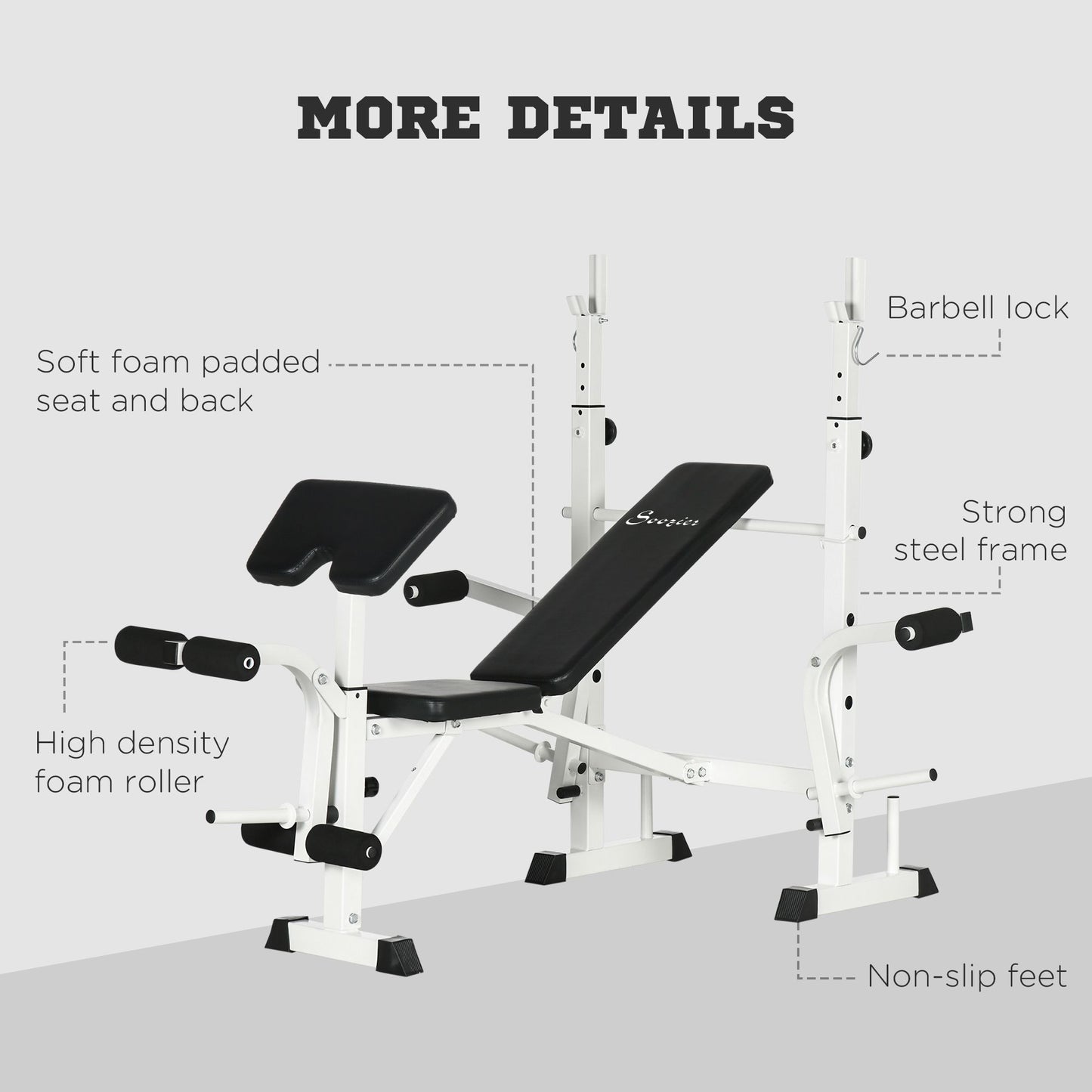 Soozier Bench Press Set Adjustable Weight Bench with Squat Rack, Preacher Curl Pad, Leg Developer and Weight Storage, White