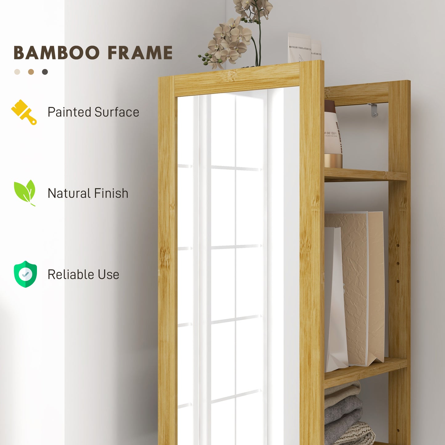 HOMCOM 66" x 14" Standing Mirror with 6-Tier Shelf, Floor Mirror Full Body Mirror for Bathroom, Living Room, Nature Wood