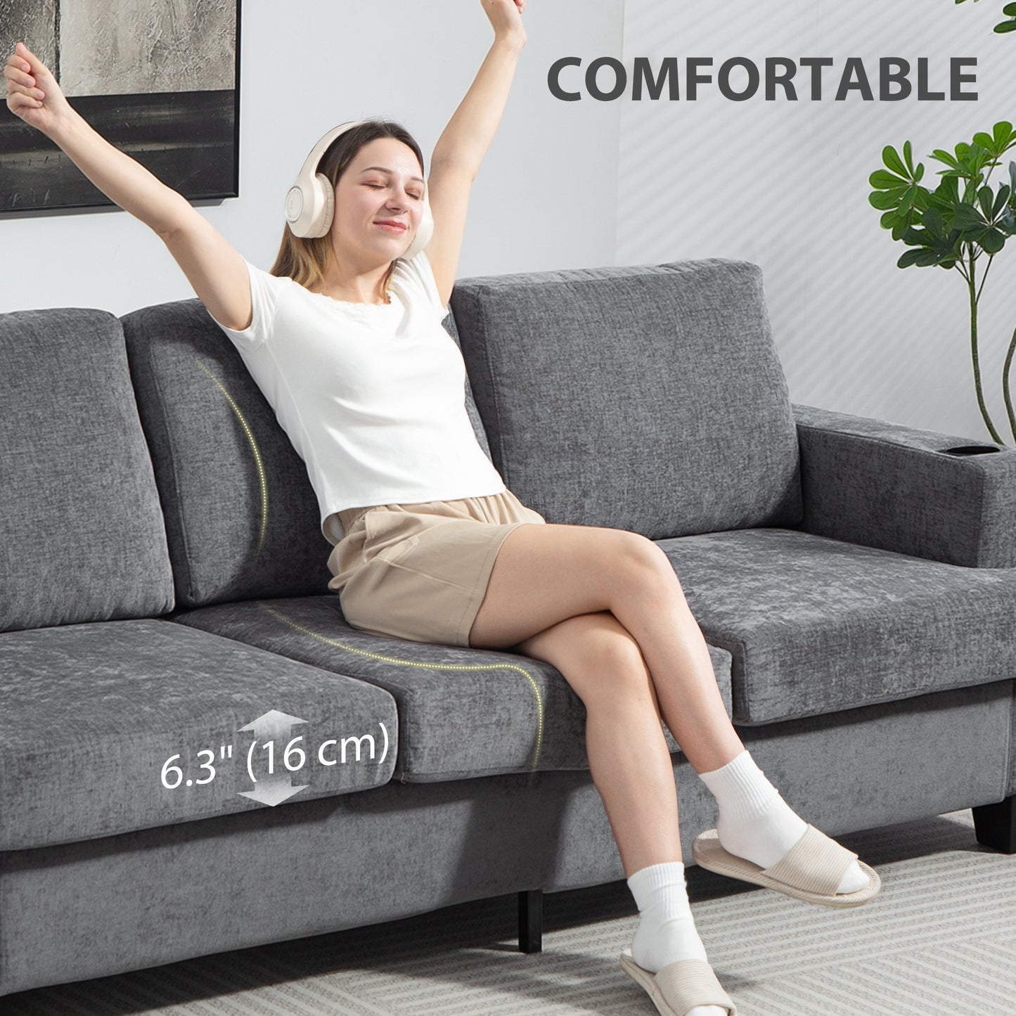 HOMCOM 3 Seater Sofa with USB Ports & Cup Holders, Chenille-Feel Upholstered Couch for Living Room, Light Brown