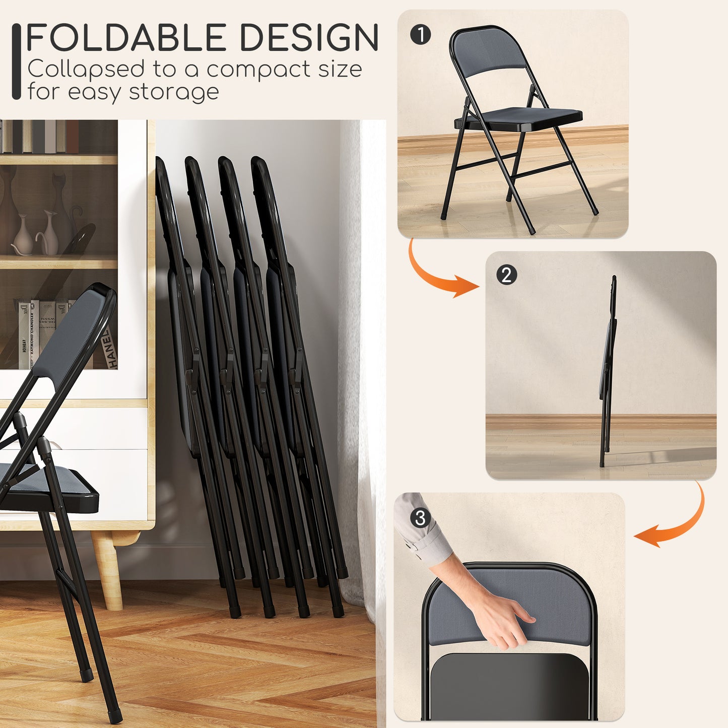 HOMCOM Set of 6 Metal Foldable Chairs, Linen Padded Folding Chairs with Cushion Seat and Open Back for Indoor, Black