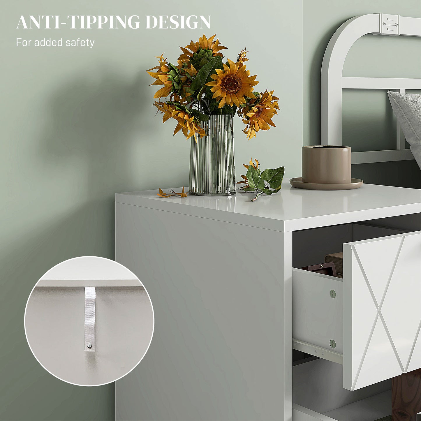HOMCOM Modern Bedside Table, Accent Nightstand with 2 Drawers, Bed End Table for Bedroom, Living Room, White