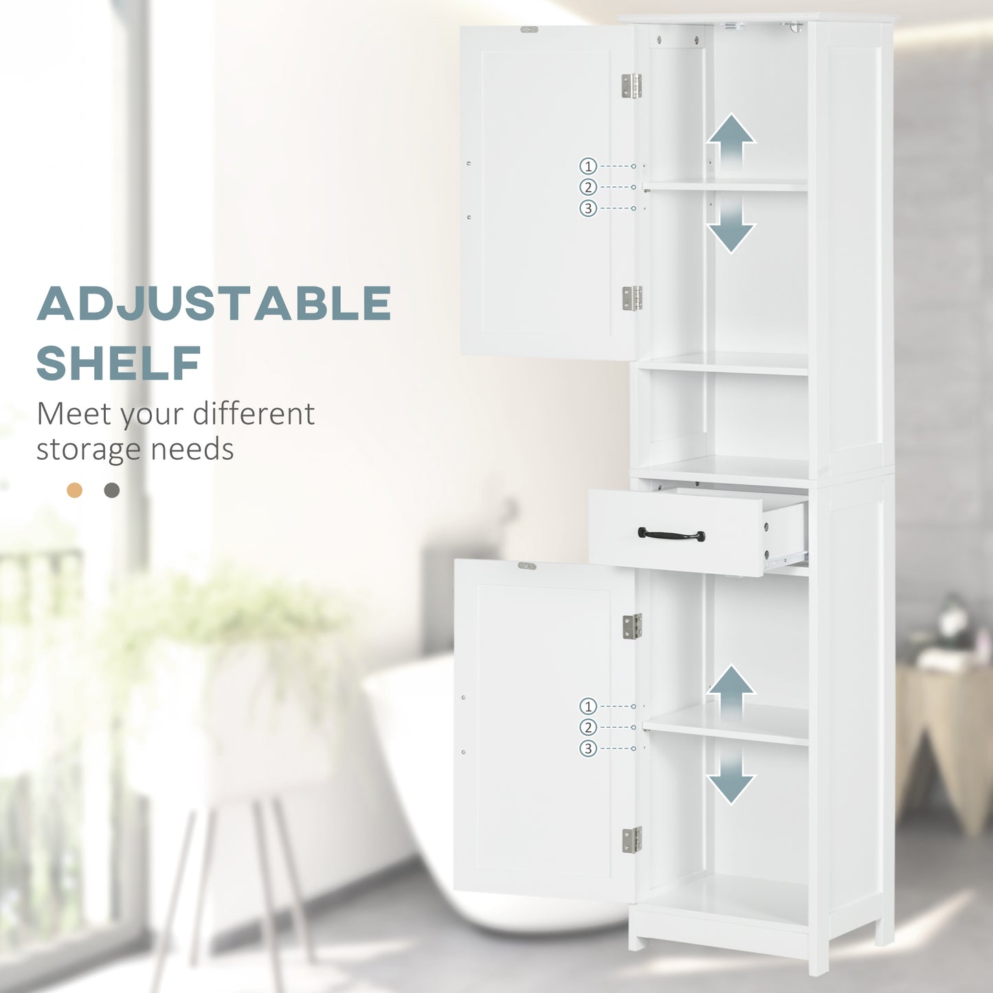 kleankin Modern Bathroom Cabinet, Narrow Bathroom Vanities with Open Shelf Drawer Recessed Doors and Adjustable Shelves White