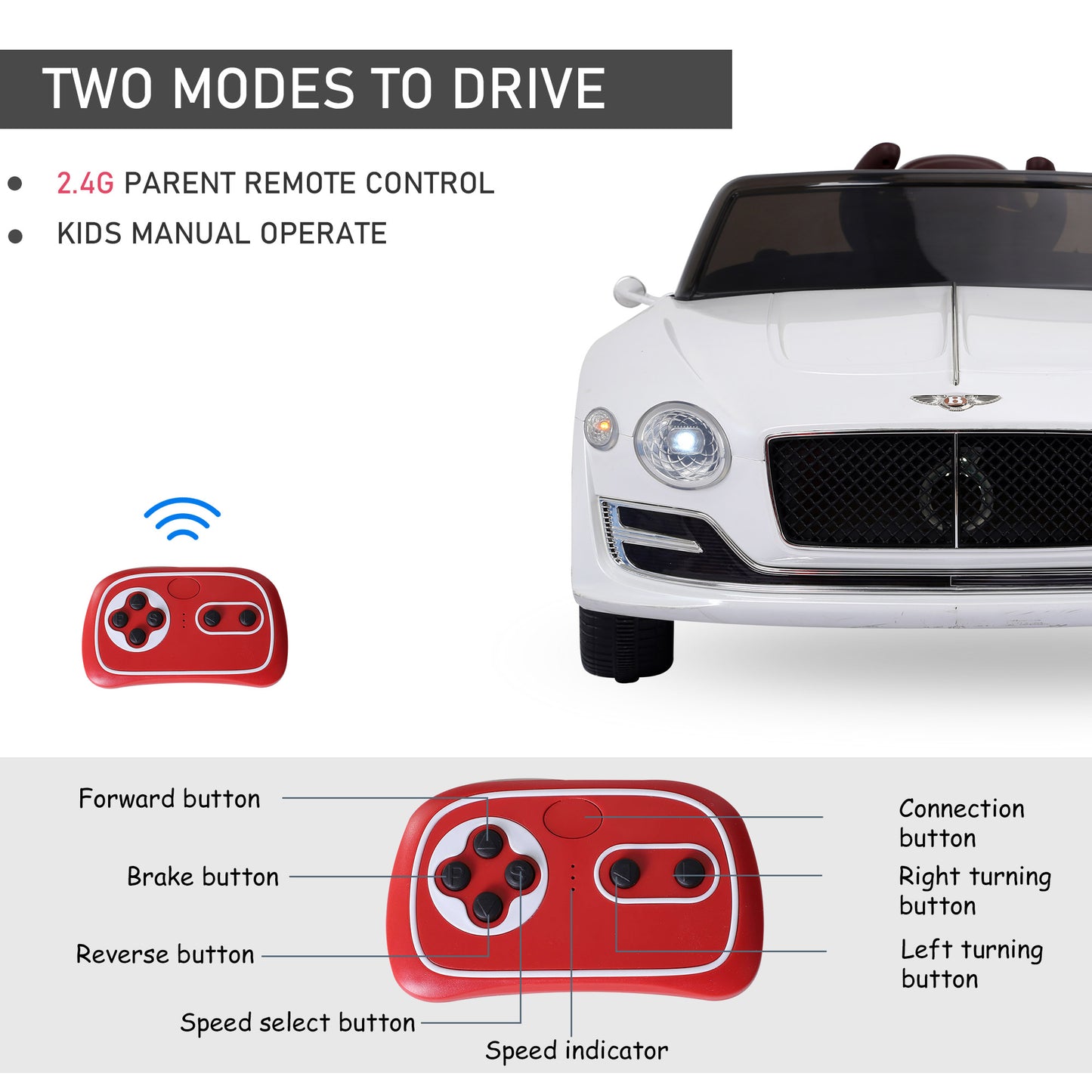 Aosom 12V Ride On Car Licensed Bentley Battery Powered Electric Vehicles w/ Parent Remote Control, 2 Speed - Black