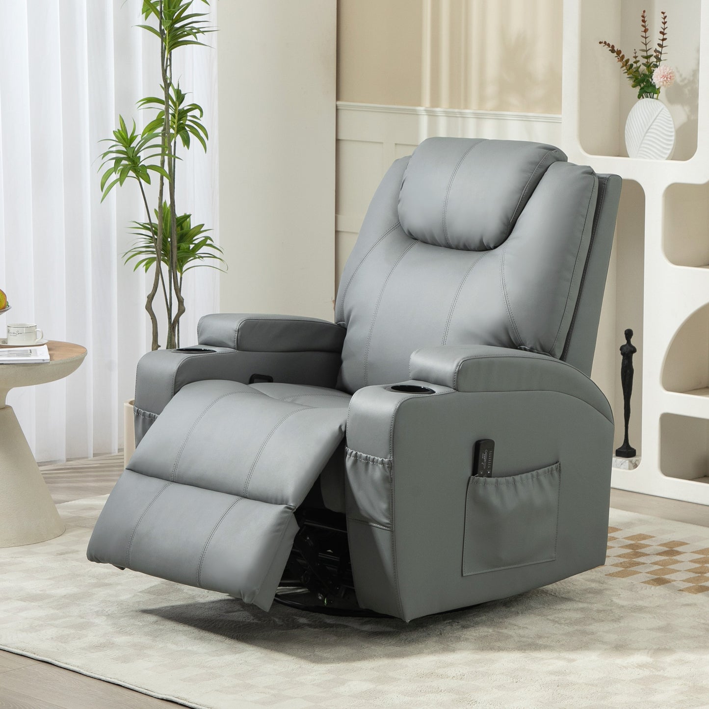 HOMCOM Massage Recliner Chair, Swivel Nursery Rocker Chair, Manual Reclining Sofa with 8 Vibration Points, PU Leather, Cup Holders, Side Pockets, for Living Room, Black
