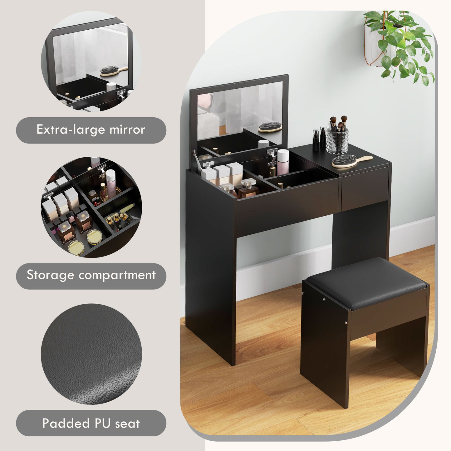 HOMCOM Modern Vanity Set with Flip Top Mirror and Cushioned Stool, Dressing Table with Storage Drawer for Bedroom, White