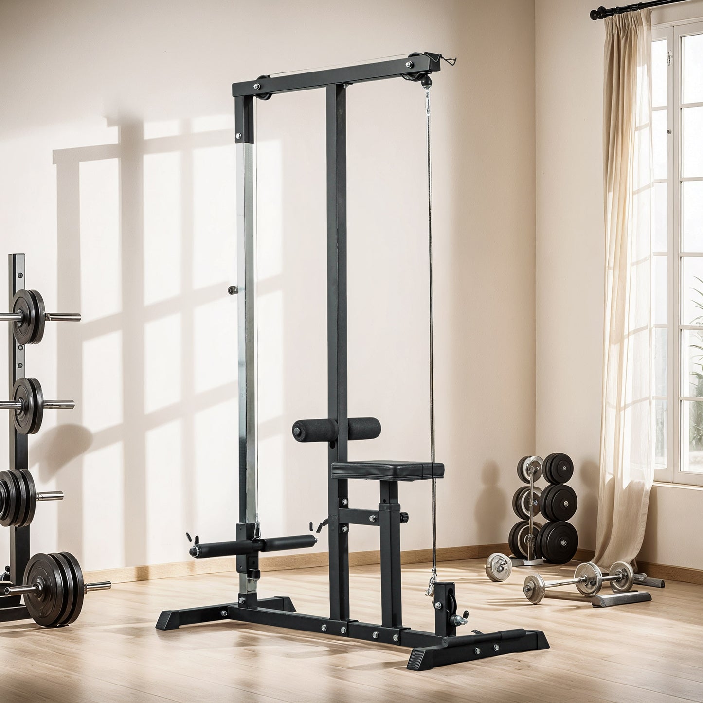 Soozier LAT Pull Down Machine Cable Machine, High and Low Pulley Station with Adjustable Seat, for Home Gym