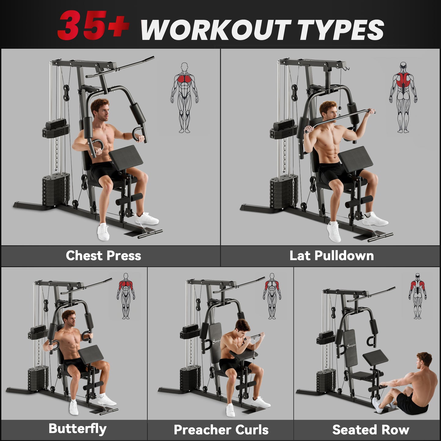 Soozier Multi-Exercise Home Gym Station with 99lbs Weight Stack, for Full Body Workout