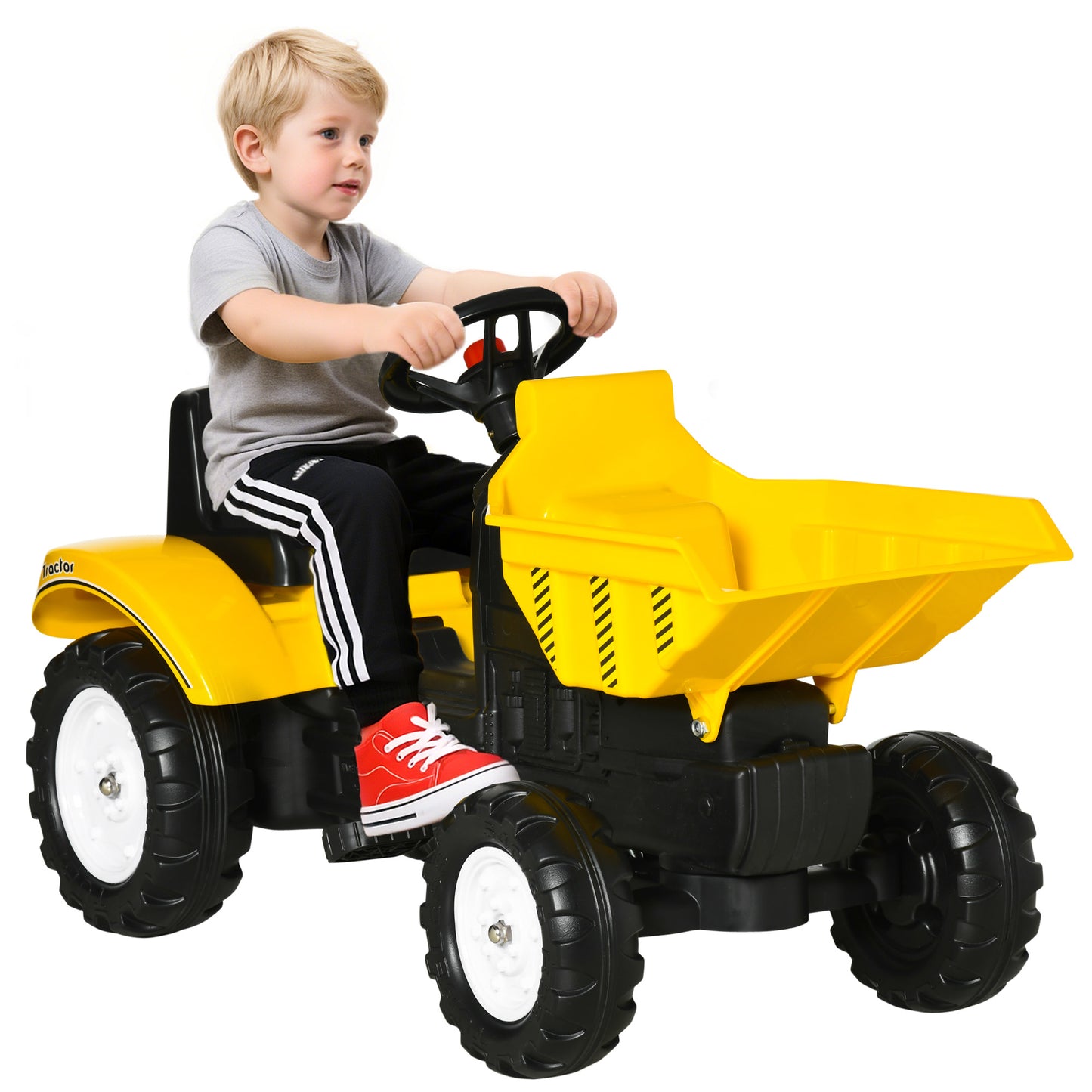 Aosom Ride on Toy Dump Truck for Kids, Pedal Construction Car with Detachable Trailer for 3 Year Old, Yellow
