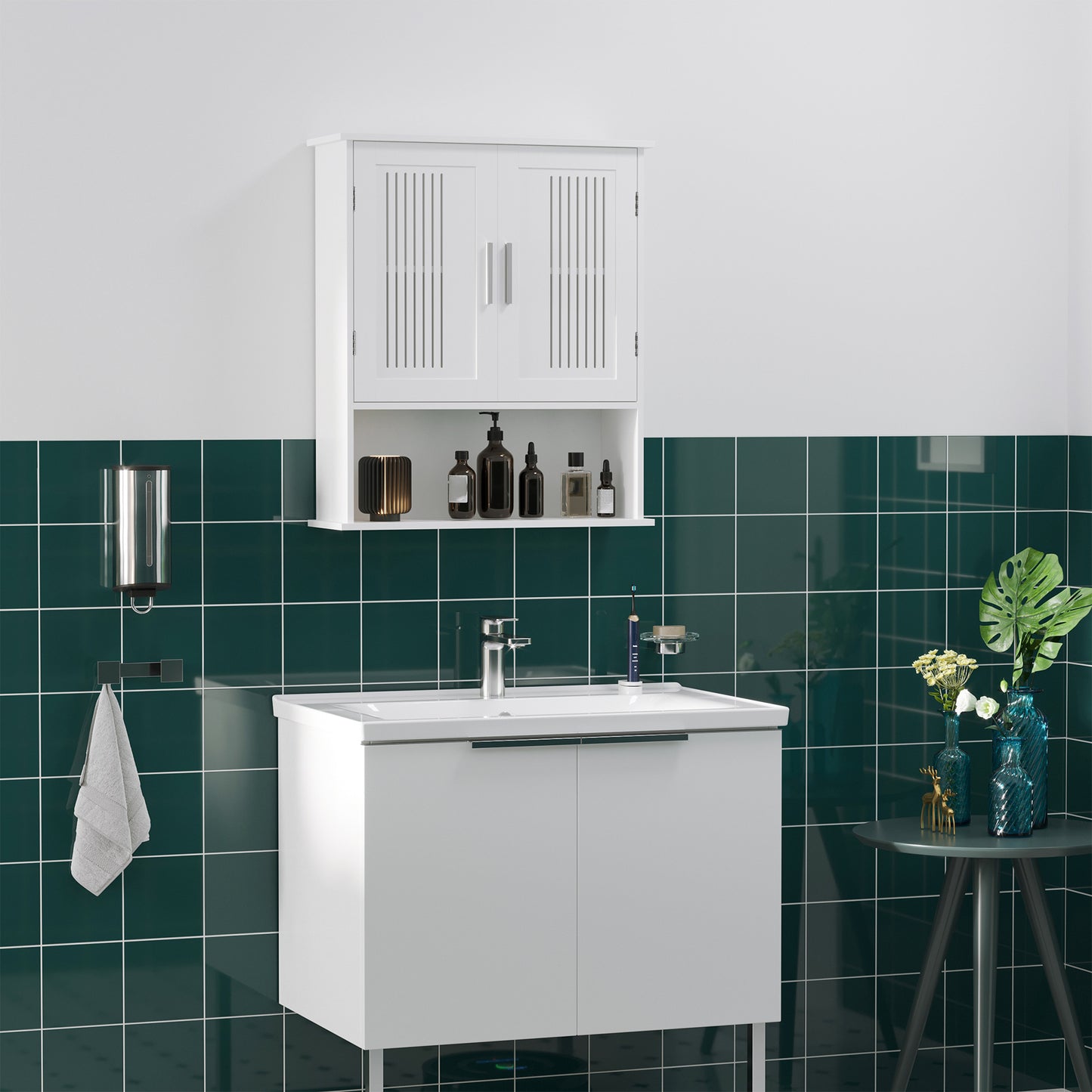 kleankin Modern Wall Mount Bathroom Cabinet, Storage Organizer with 2 Door Cabinet and Open Shelf, White