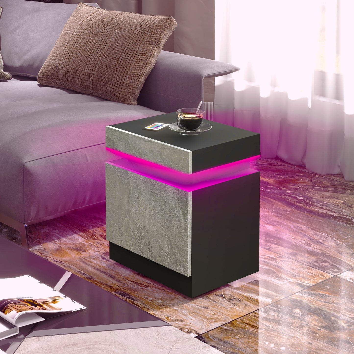 HOMCOM Nightstand, Bedside Table with LED Lights and 2 Drawers for Bedroom, Living Room, White