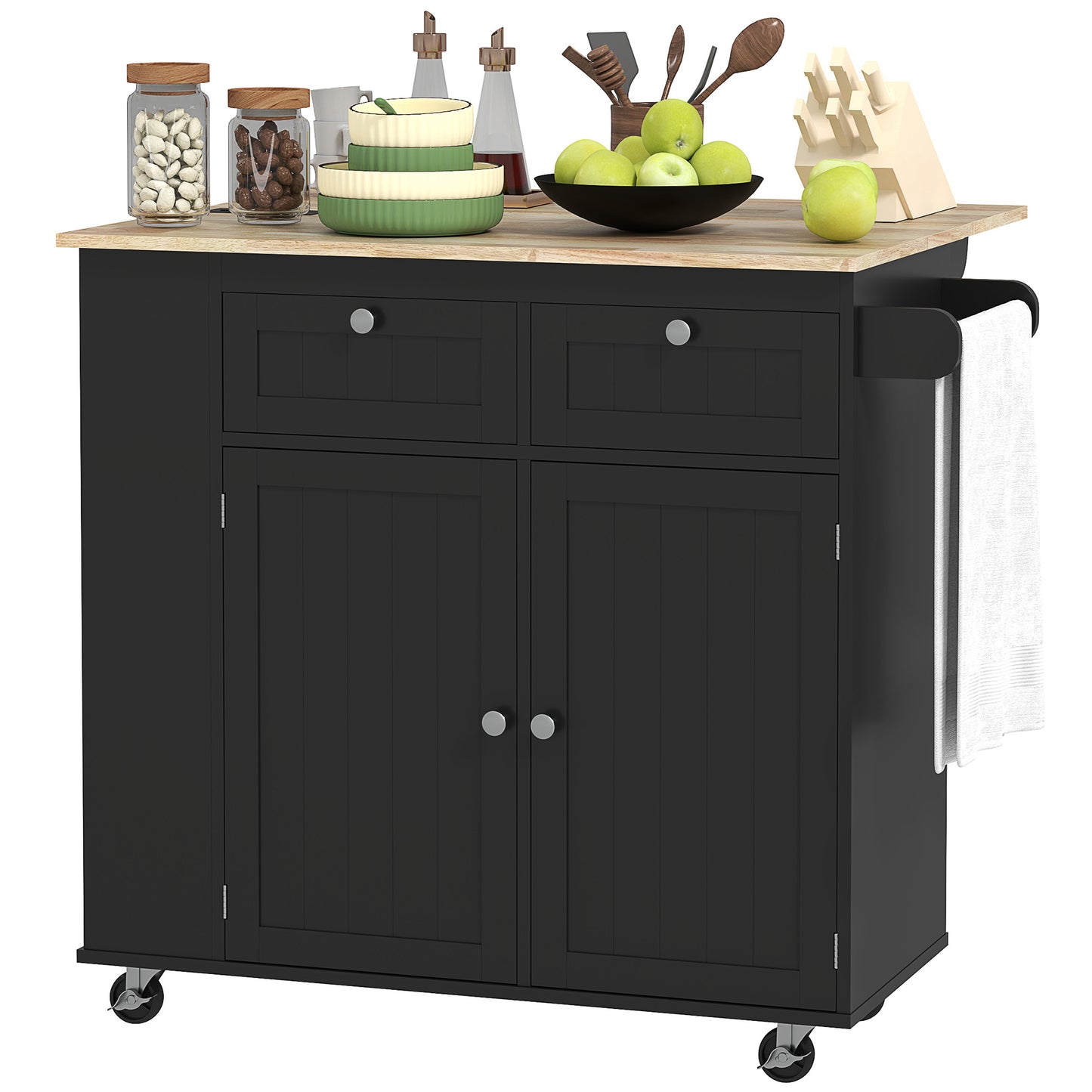 HOMCOM Kitchen Island with Power Outlet and Drop Leaf, Rolling Kitchen Cart with 2 Drawers and Adjustable Shelves, White