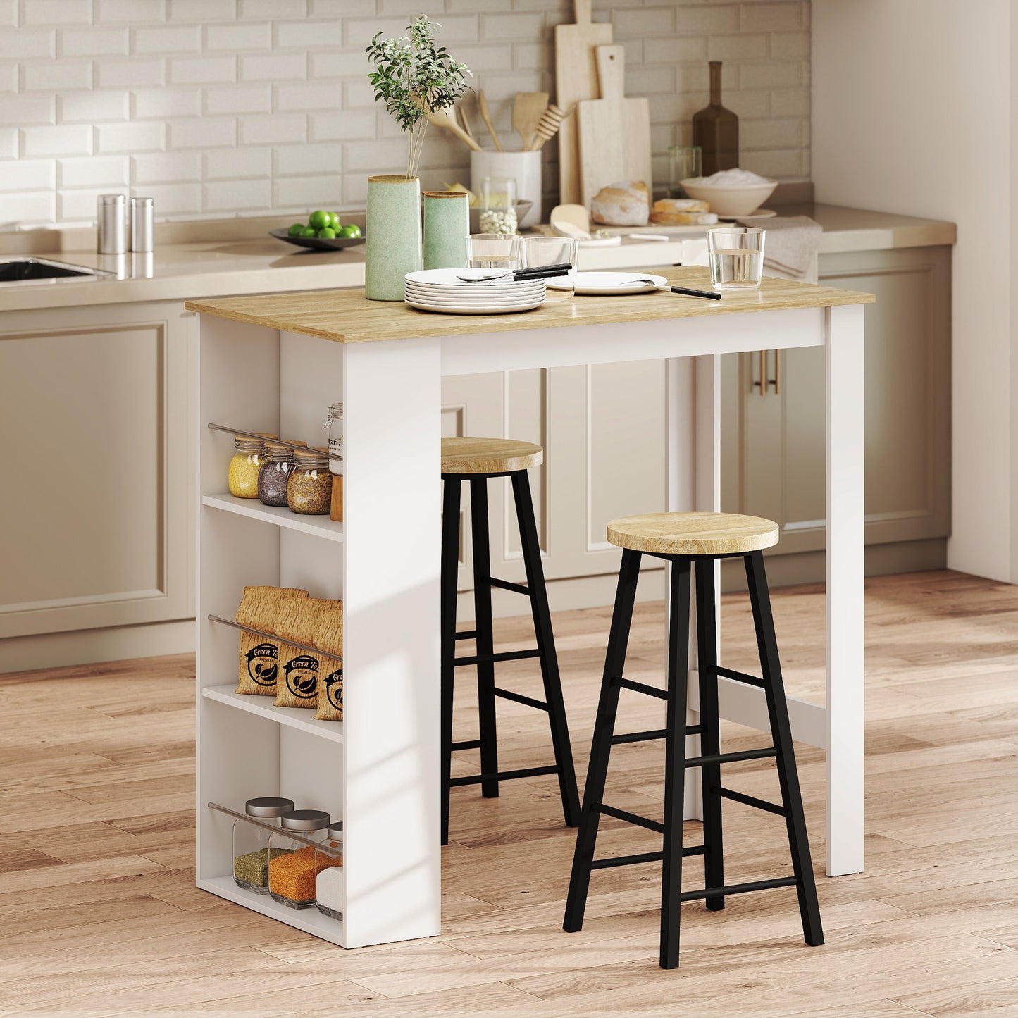 HOMCOM Modern Bar Table, Bar Height Dining Table with 3 Storage Shelves for Kitchen, Dining Room, Living Room, White